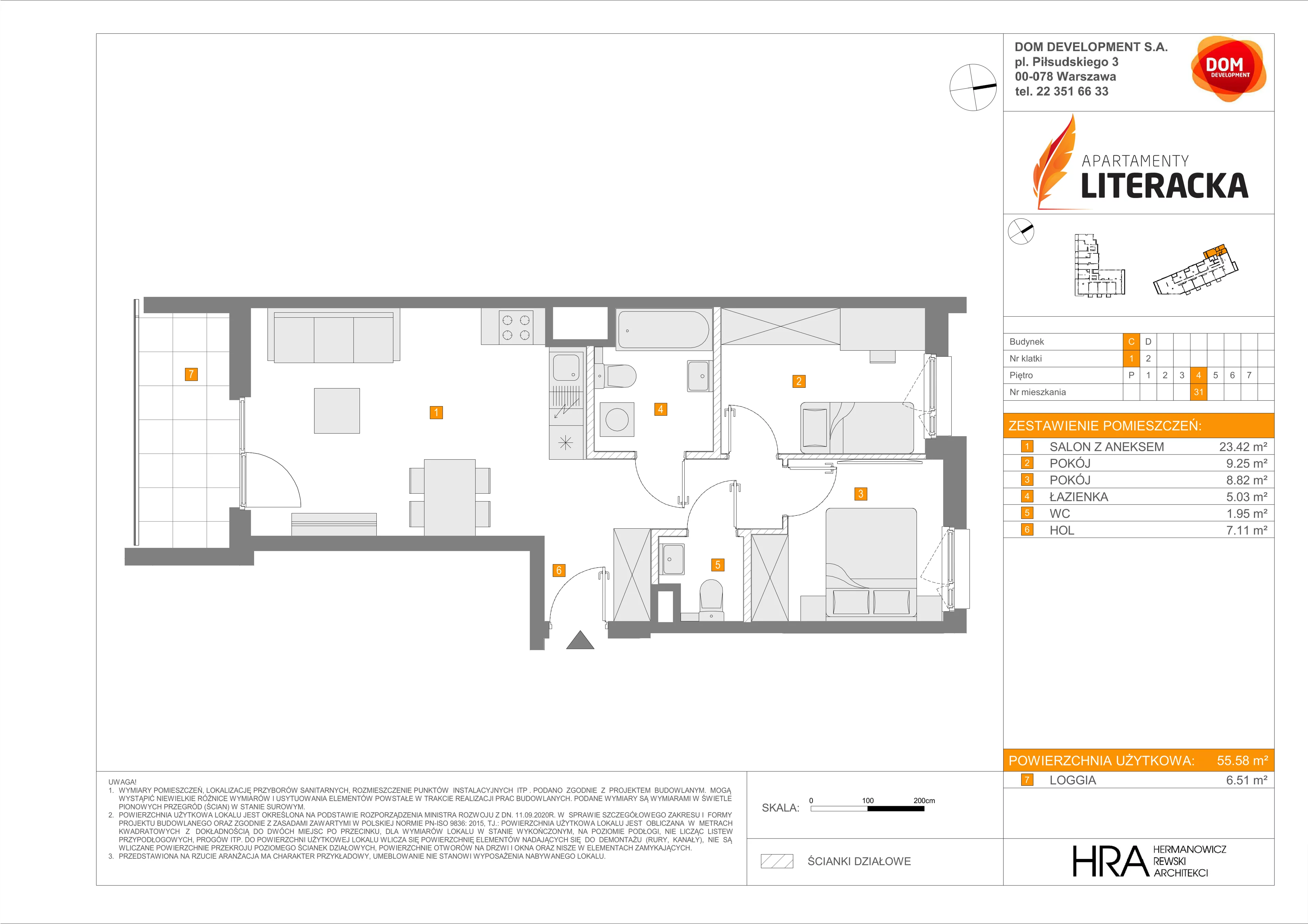 3 pokoje, mieszkanie 55,58 m², piętro 4, oferta nr C/31, Apartamenty Literacka 2, Warszawa, Bielany, Piaski, ul. Literacka