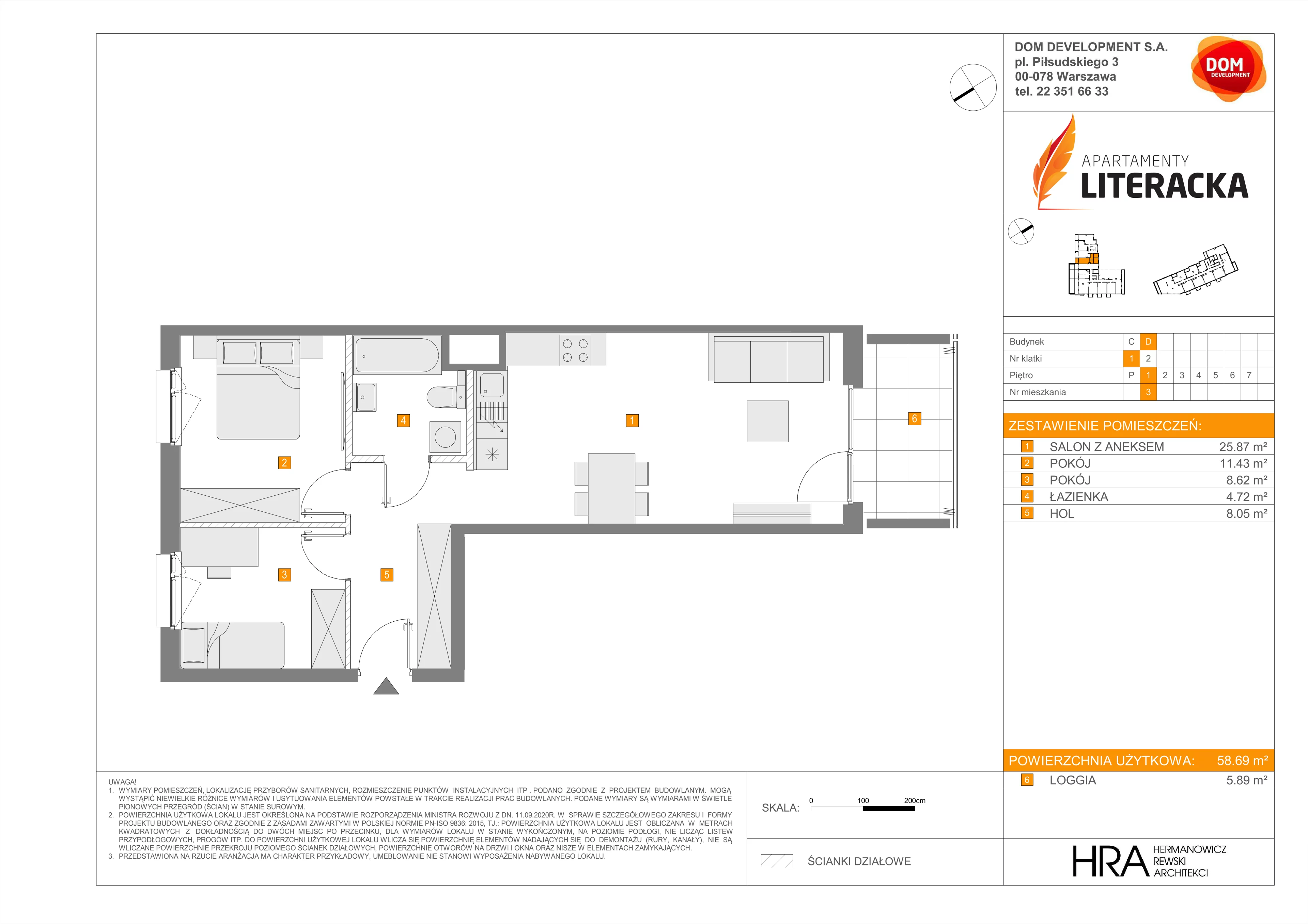 3 pokoje, mieszkanie 58,69 m², piętro 1, oferta nr D/3, Apartamenty Literacka 2, Warszawa, Bielany, Piaski, ul. Literacka