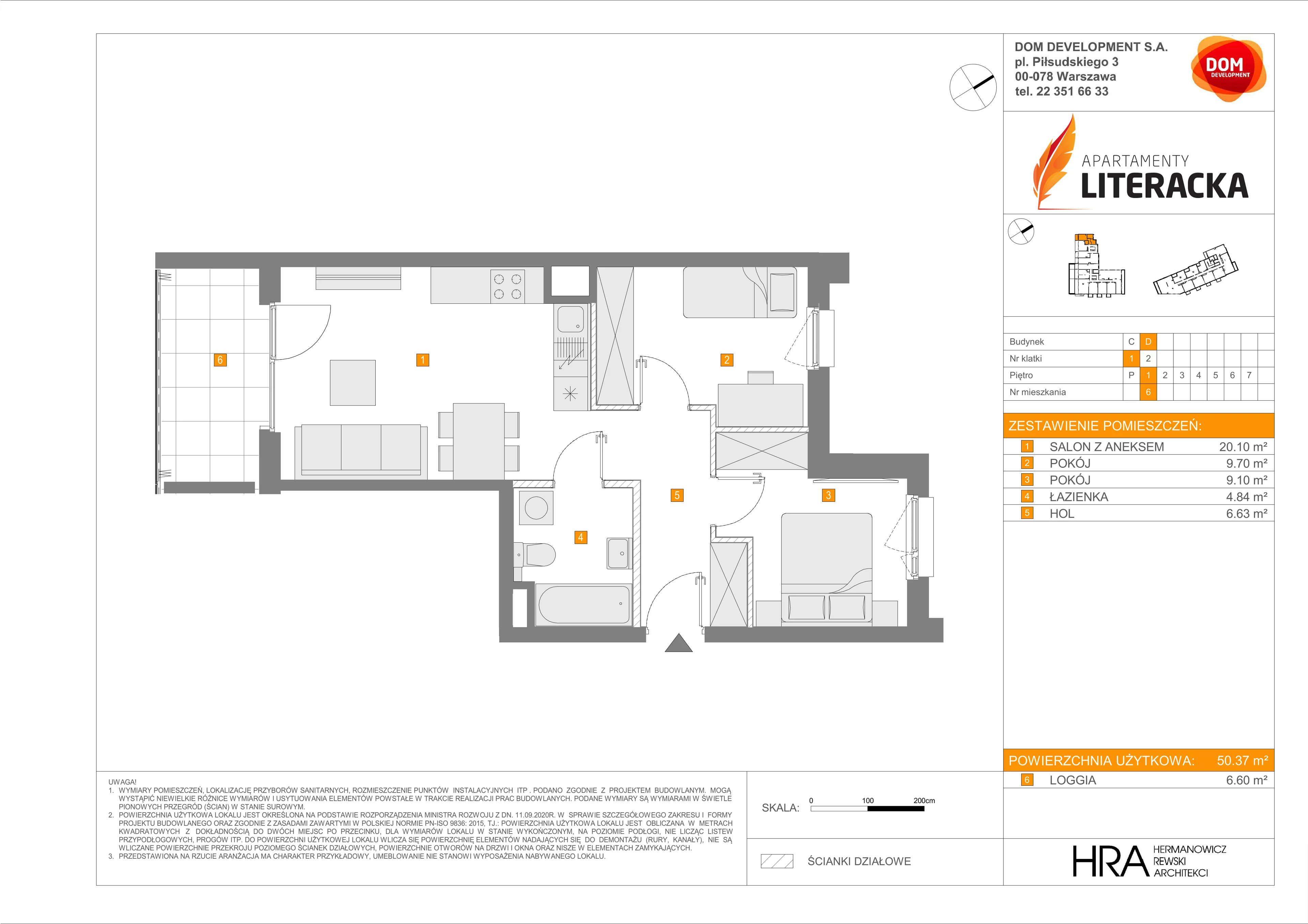 3 pokoje, mieszkanie 50,37 m², piętro 1, oferta nr D/6, Apartamenty Literacka 2, Warszawa, Bielany, Piaski, ul. Literacka