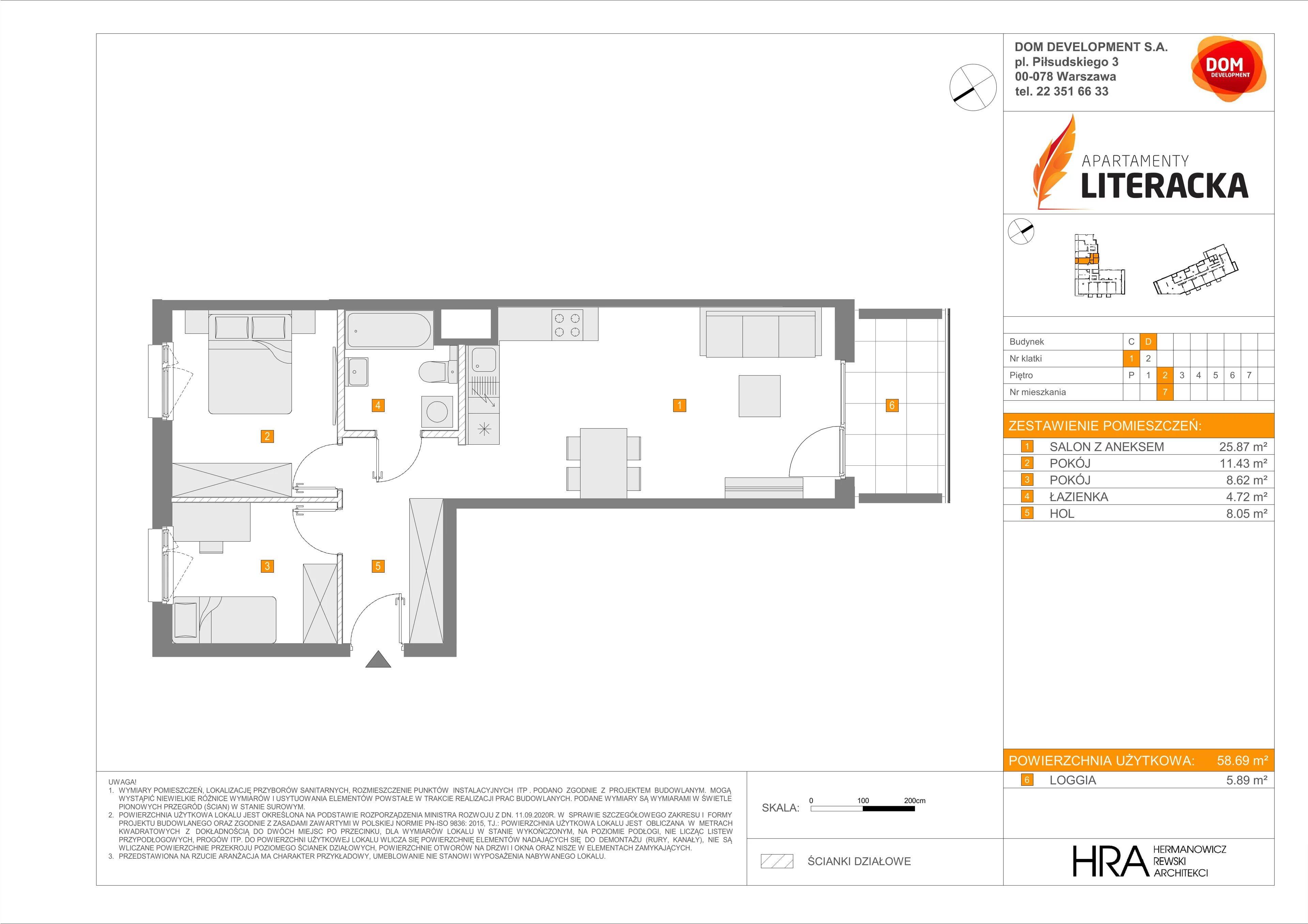 3 pokoje, mieszkanie 58,69 m², piętro 2, oferta nr D/7, Apartamenty Literacka 2, Warszawa, Bielany, Piaski, ul. Literacka