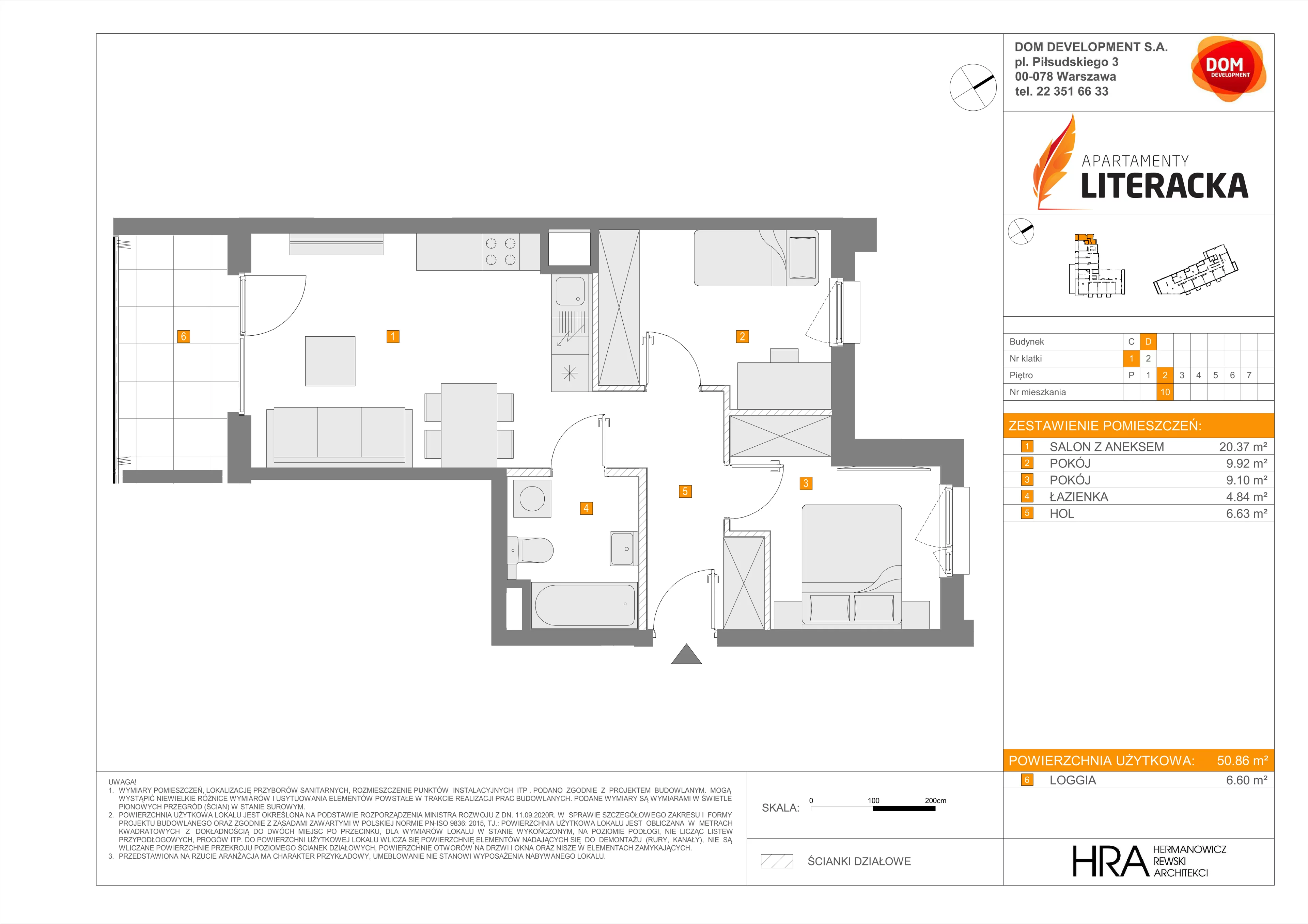 3 pokoje, mieszkanie 50,86 m², piętro 2, oferta nr D/10, Apartamenty Literacka 2, Warszawa, Bielany, Piaski, ul. Literacka