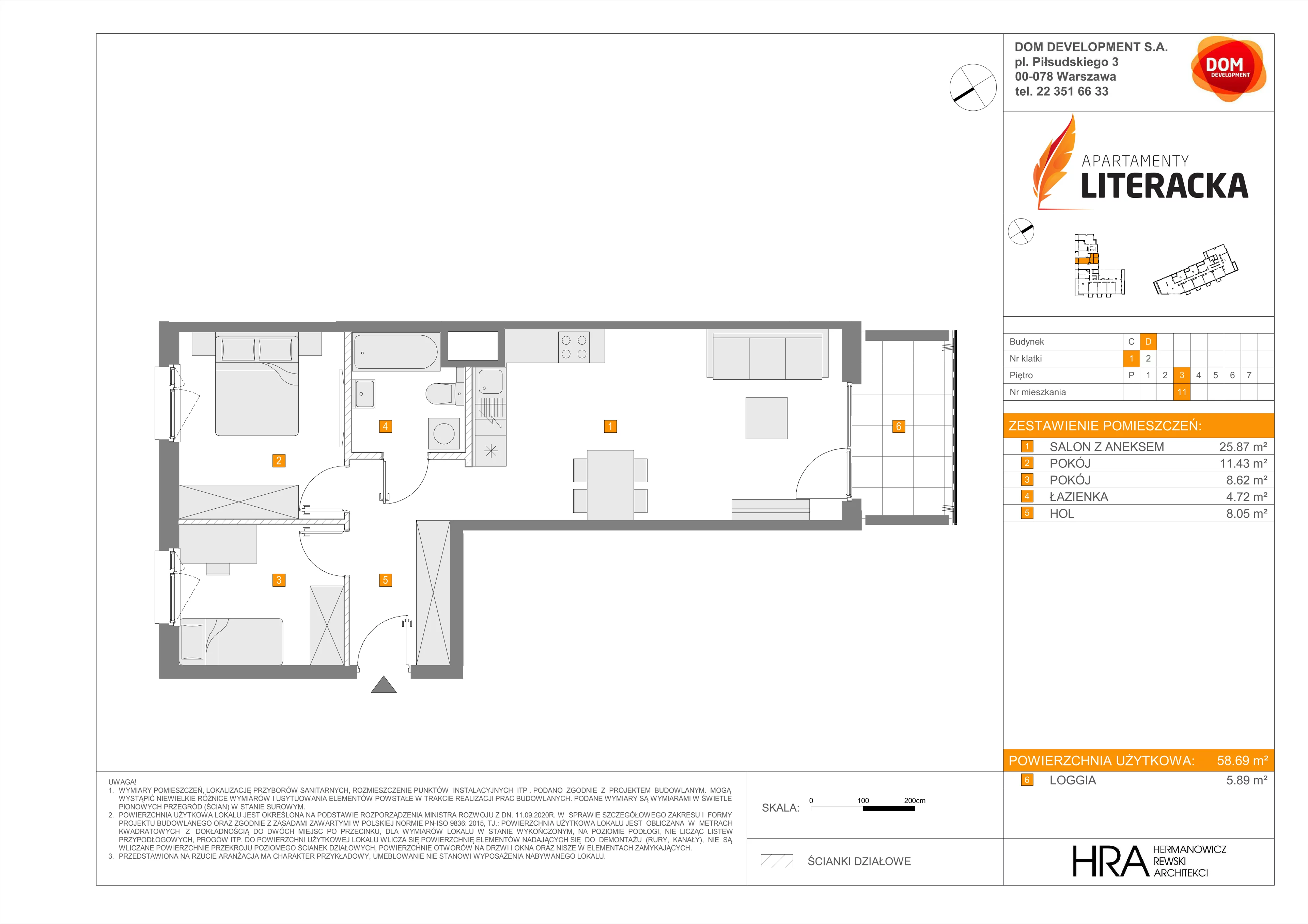 3 pokoje, mieszkanie 58,69 m², piętro 3, oferta nr D/11, Apartamenty Literacka 2, Warszawa, Bielany, Piaski, ul. Literacka