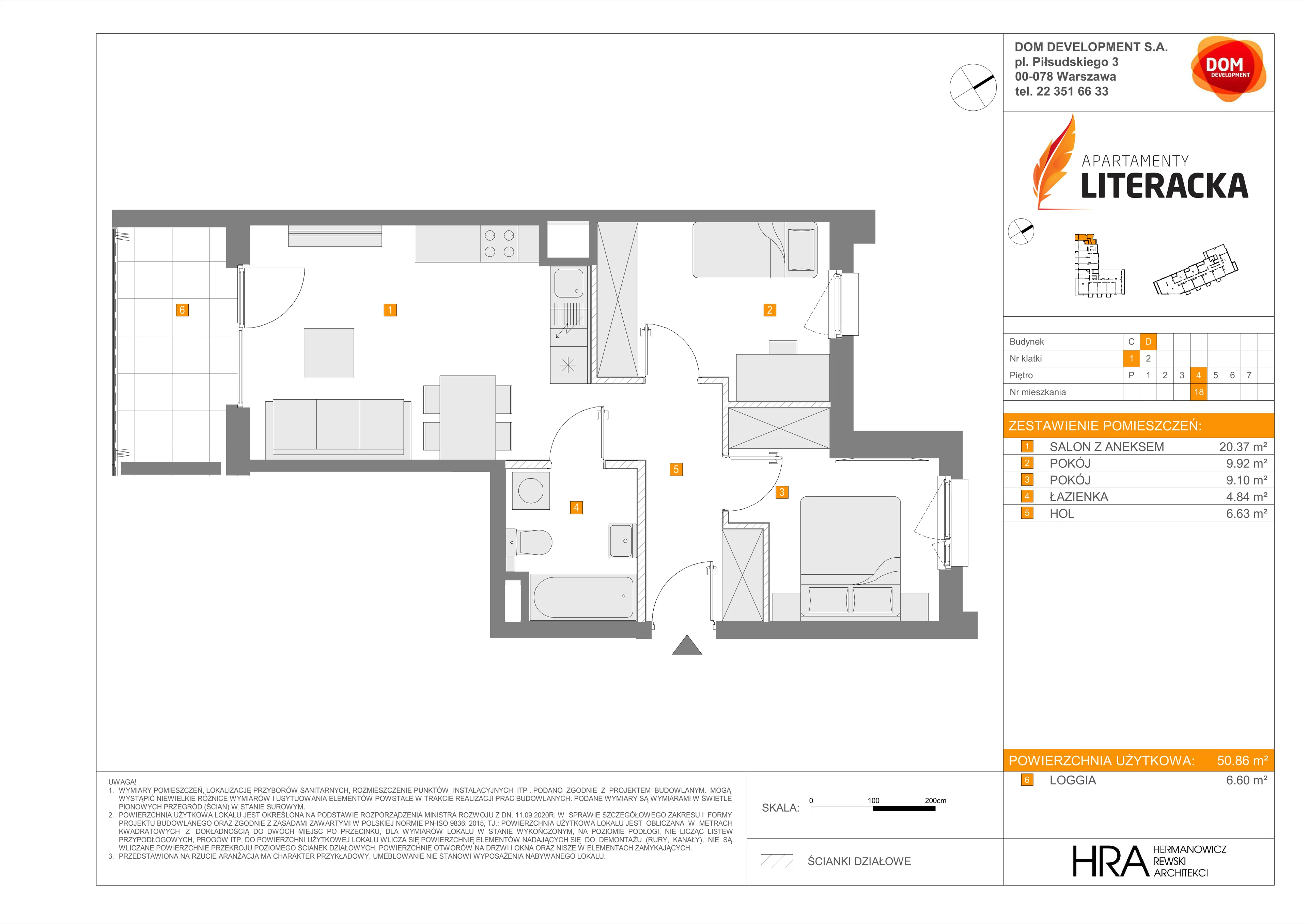 3 pokoje, mieszkanie 50,86 m², piętro 4, oferta nr D/18, Apartamenty Literacka 2, Warszawa, Bielany, Piaski, ul. Literacka