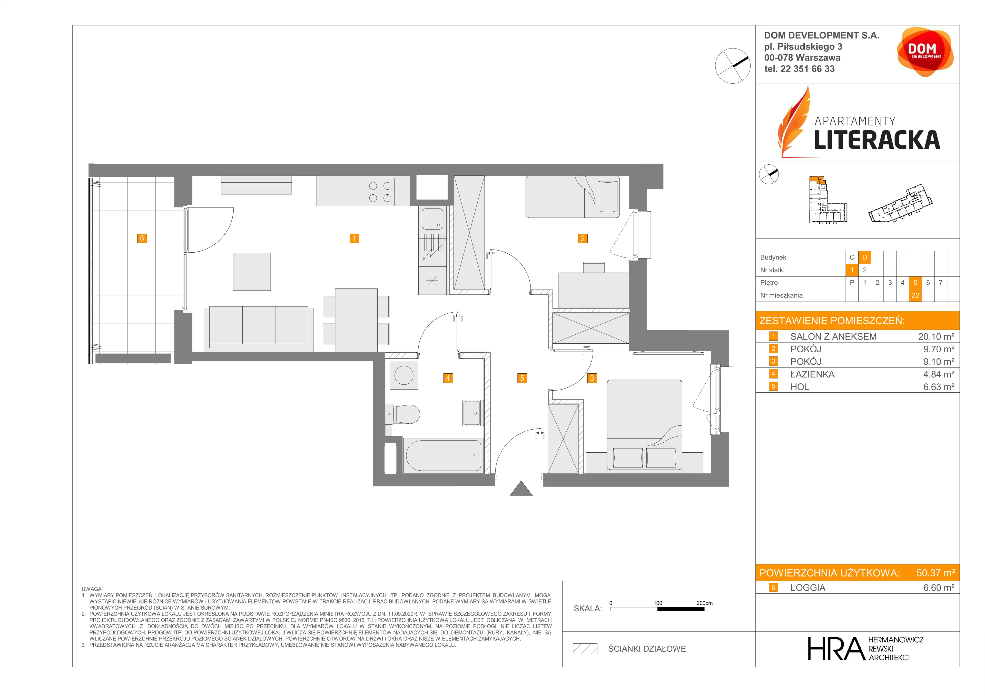 3 pokoje, mieszkanie 50,86 m², piętro 5, oferta nr D/22, Apartamenty Literacka 2, Warszawa, Bielany, Piaski, ul. Literacka