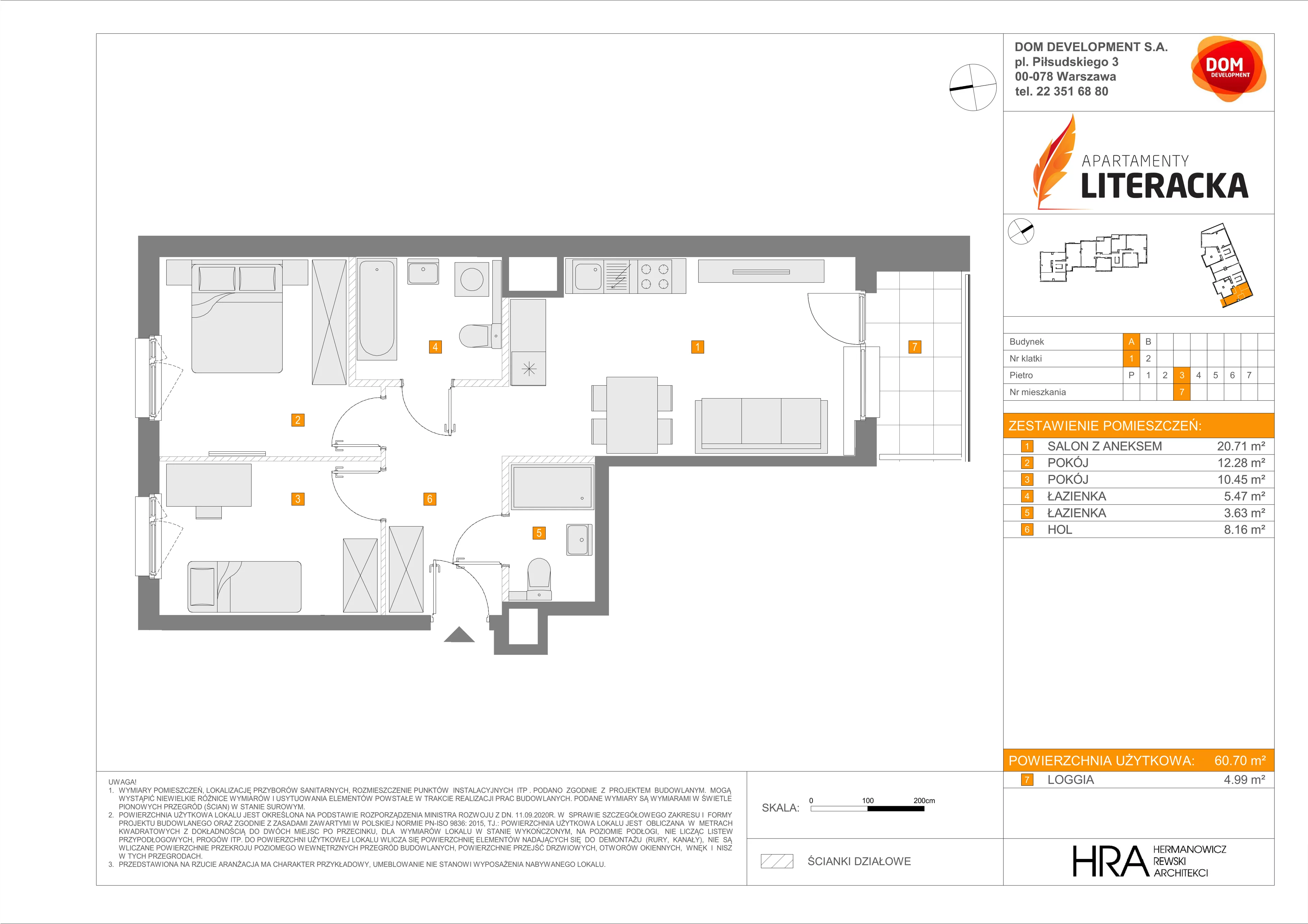 3 pokoje, mieszkanie 60,70 m², piętro 3, oferta nr A/7, Apartamenty Literacka, Warszawa, Bielany, Piaski, ul. Literacka