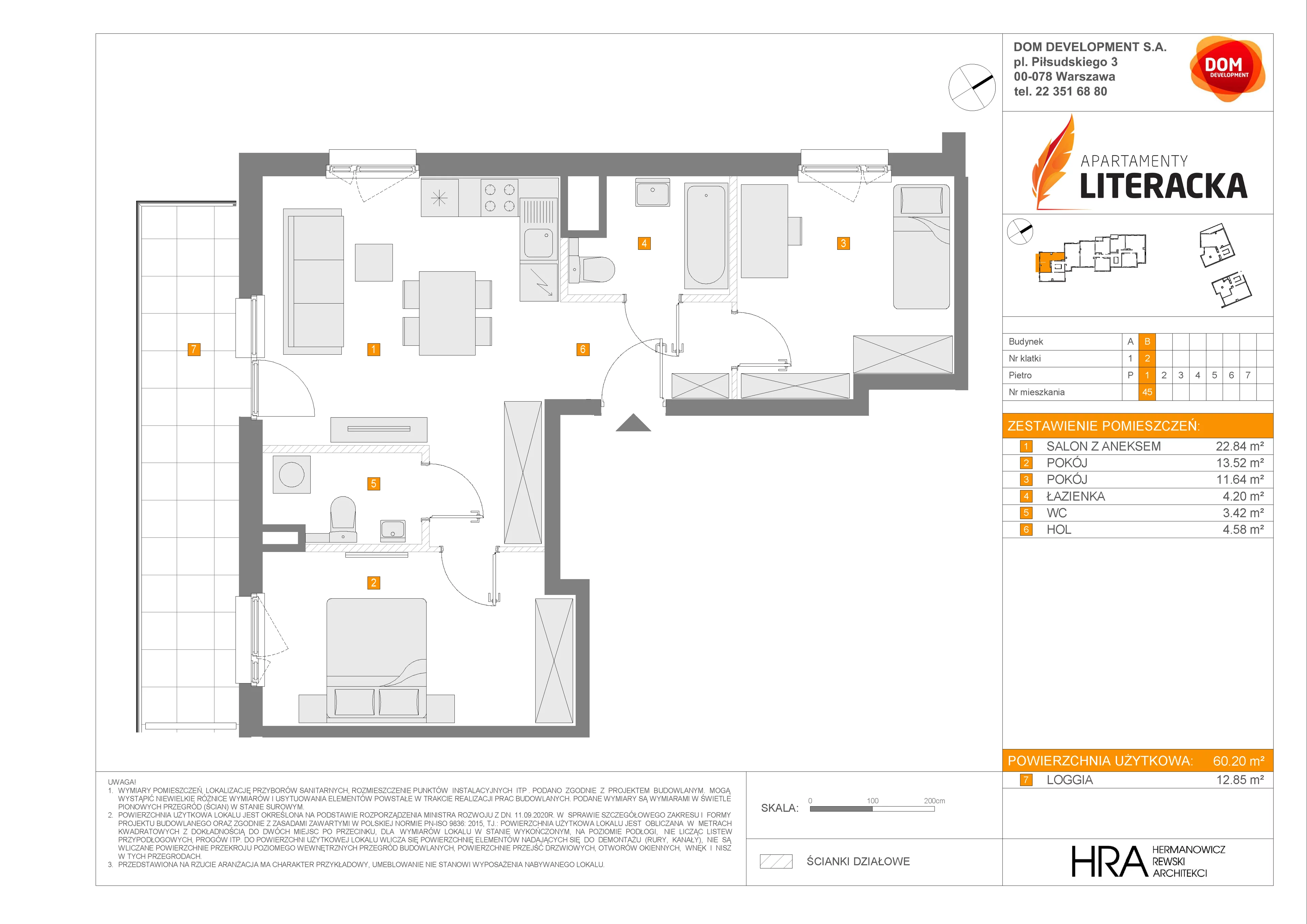 3 pokoje, mieszkanie 60,20 m², piętro 1, oferta nr B/45, Apartamenty Literacka, Warszawa, Bielany, Piaski, ul. Literacka