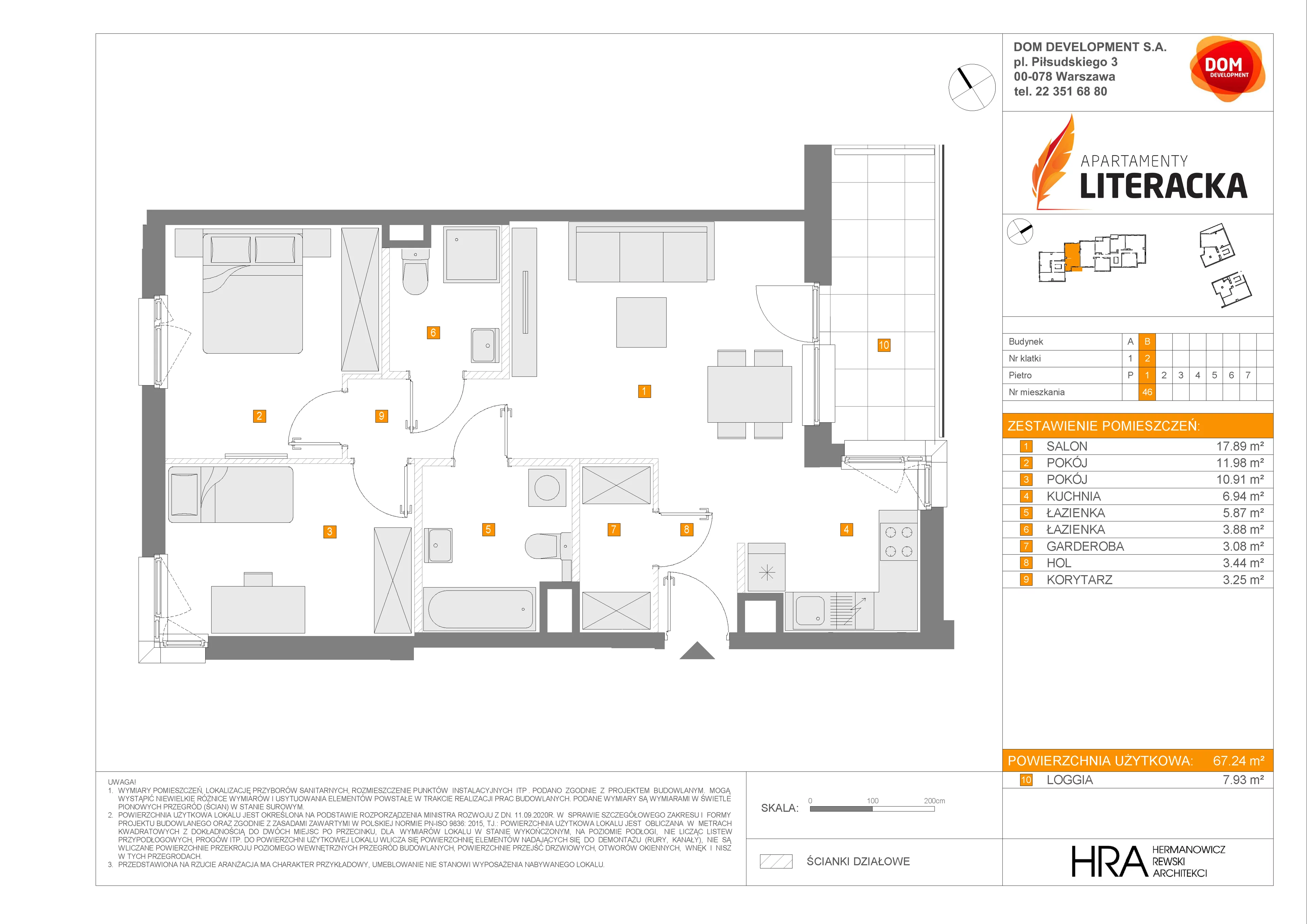 3 pokoje, mieszkanie 67,24 m², piętro 1, oferta nr B/46, Apartamenty Literacka, Warszawa, Bielany, Piaski, ul. Literacka