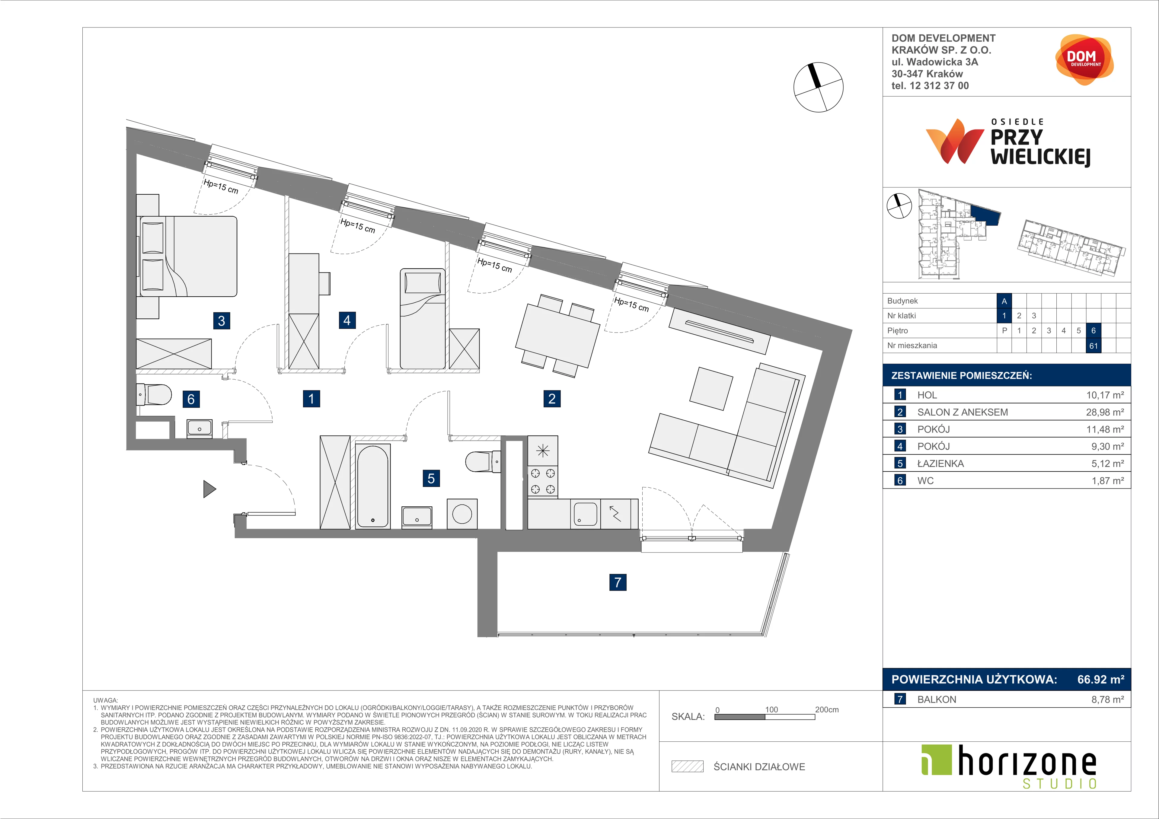 3 pokoje, mieszkanie 66,92 m², piętro 6, oferta nr A/61, Osiedle przy Wielickiej, Kraków, Bieżanów-Prokocim, ul. Marii Orwid 1
