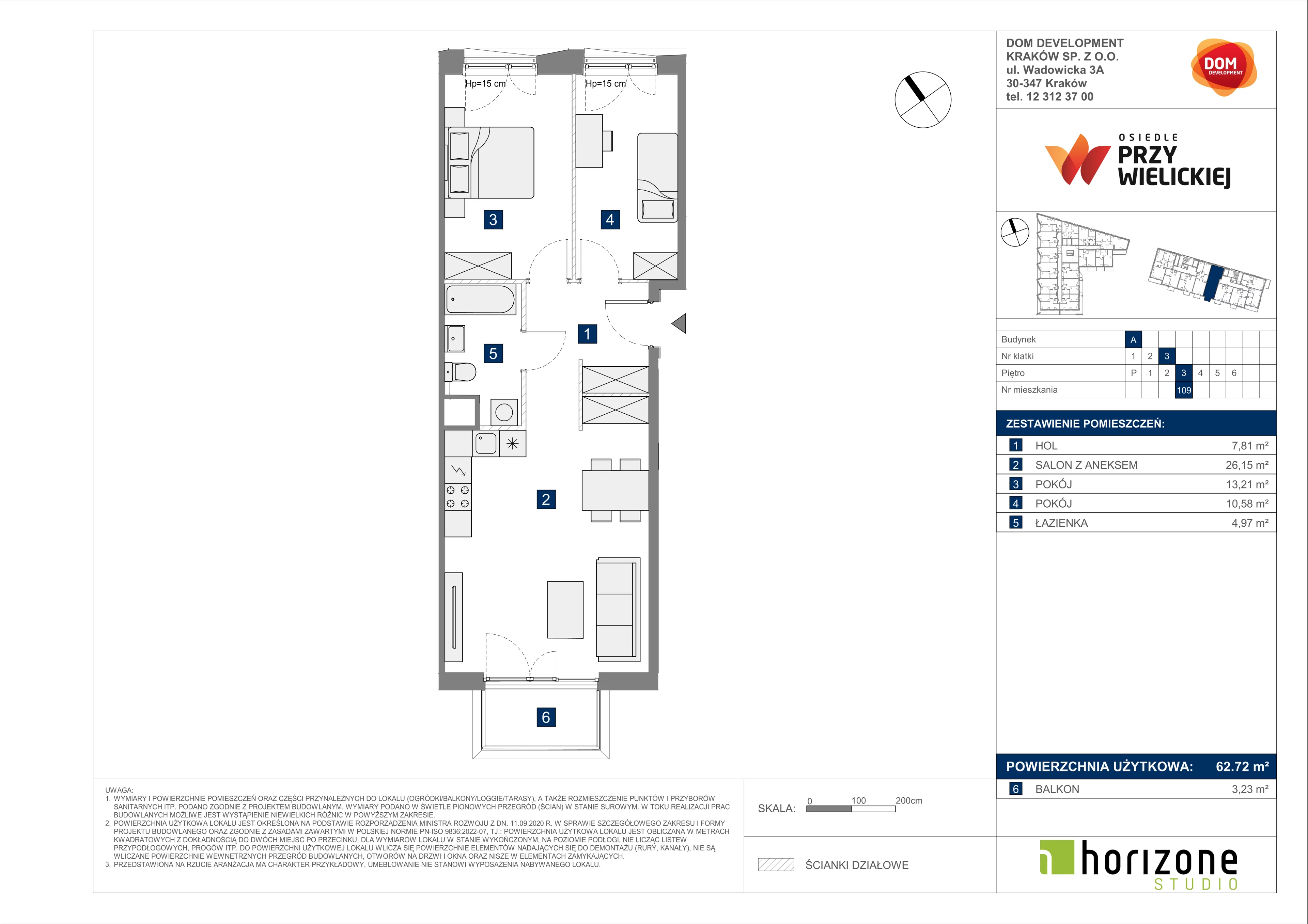 3 pokoje, mieszkanie 62,72 m², piętro 3, oferta nr A/109, Osiedle przy Wielickiej, Kraków, Bieżanów-Prokocim, ul. Marii Orwid 1
