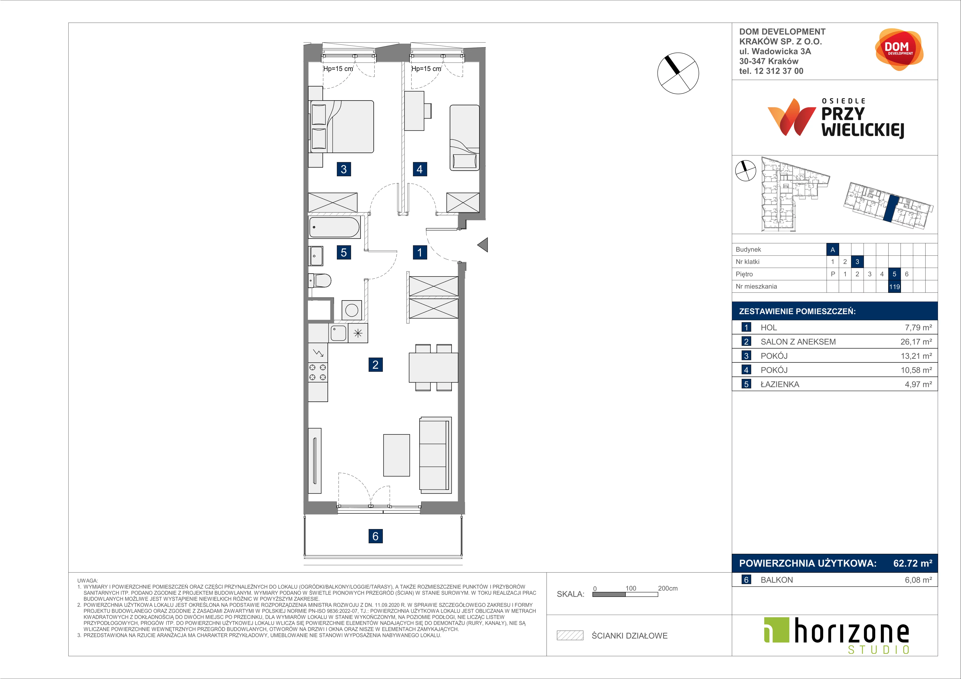 3 pokoje, mieszkanie 62,72 m², piętro 5, oferta nr A/119, Osiedle przy Wielickiej, Kraków, Bieżanów-Prokocim, ul. Marii Orwid 1