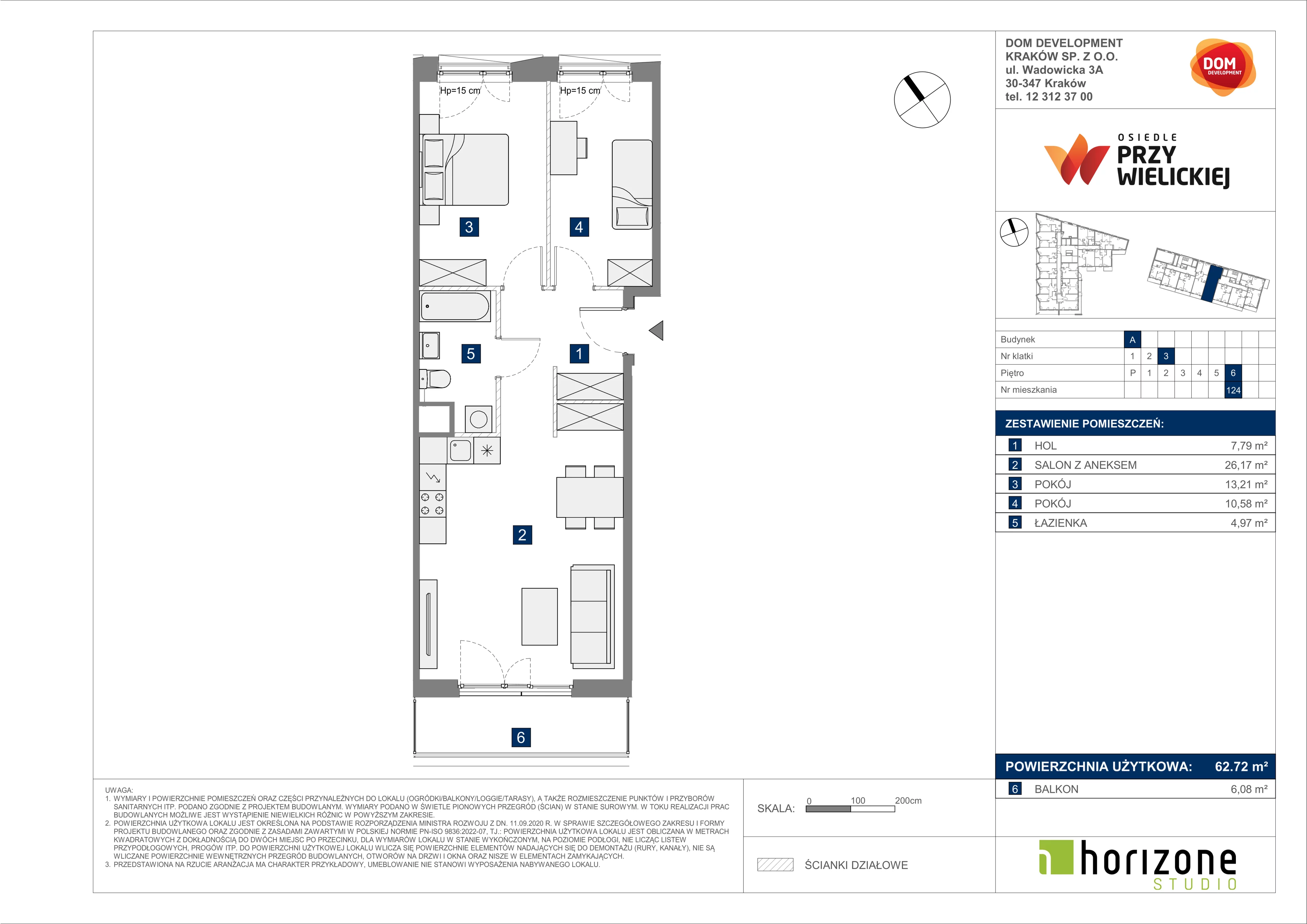 3 pokoje, mieszkanie 62,72 m², piętro 6, oferta nr A/124, Osiedle przy Wielickiej, Kraków, Bieżanów-Prokocim, ul. Marii Orwid 1