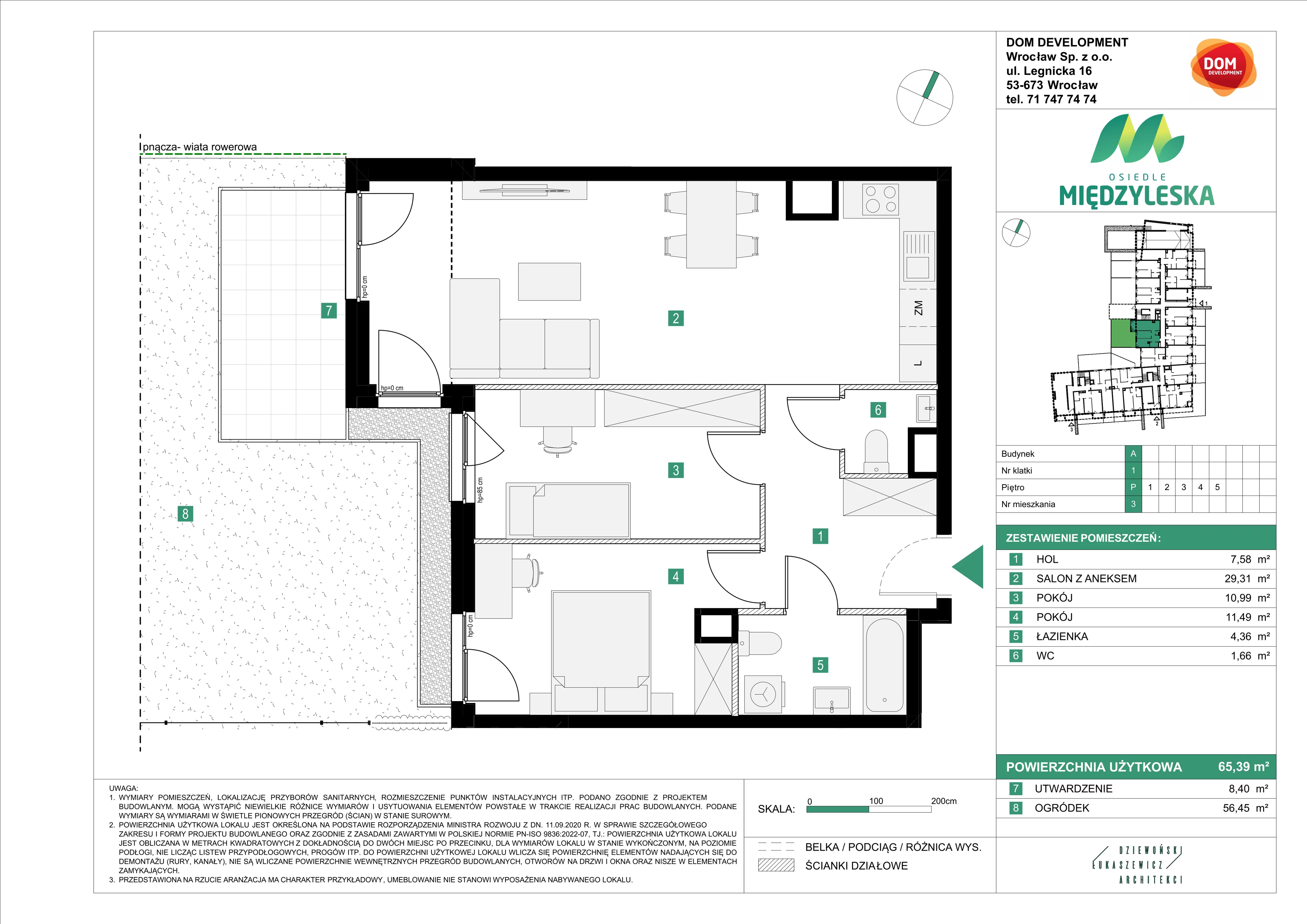 3 pokoje, mieszkanie 65,39 m², parter, oferta nr A/3, Osiedle Międzyleska, Wrocław, Tarnogaj, Krzyki, ul. Międzyleska 6b