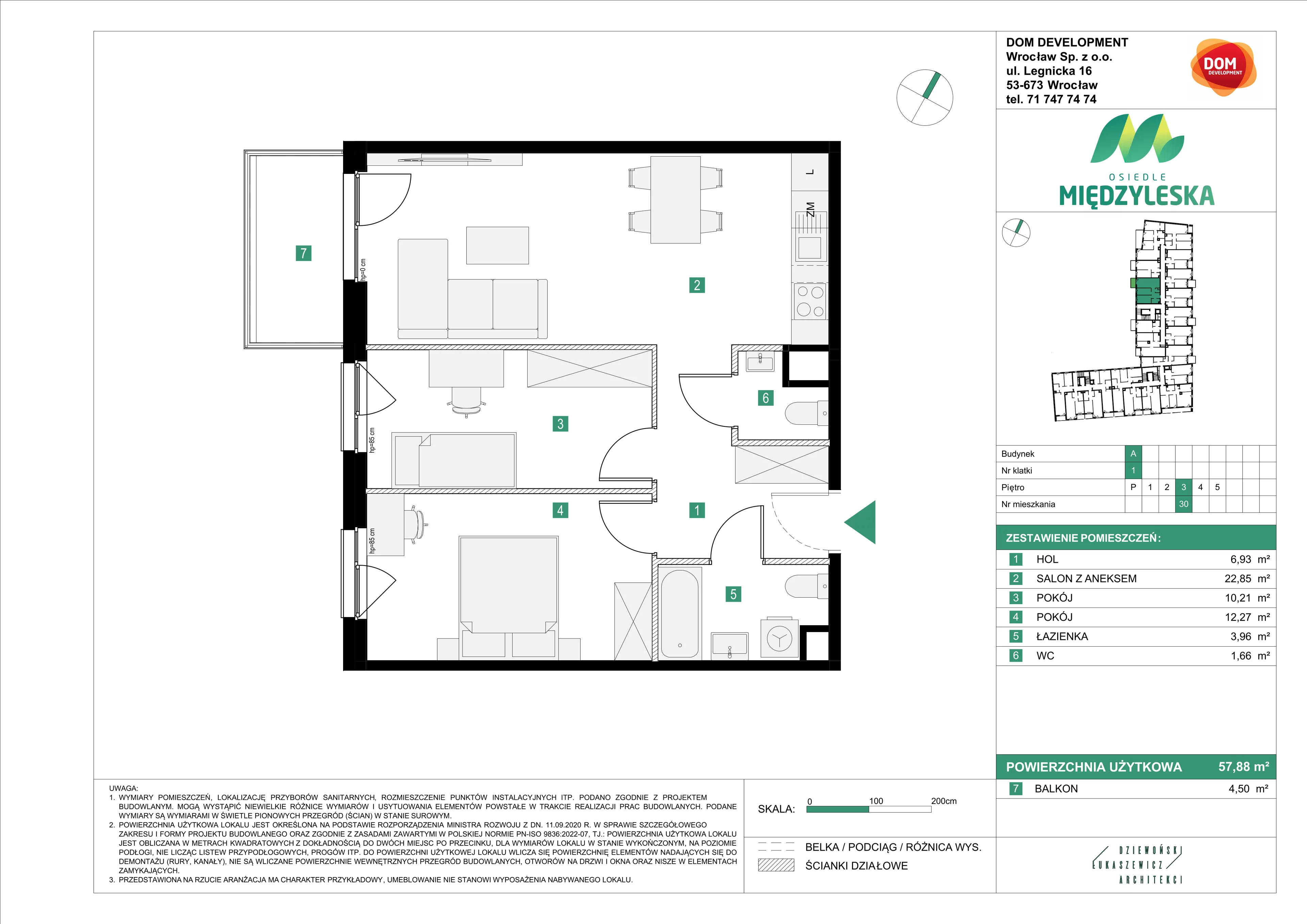 3 pokoje, mieszkanie 57,88 m², piętro 3, oferta nr A/30, Osiedle Międzyleska, Wrocław, Tarnogaj, Krzyki, ul. Międzyleska 6b