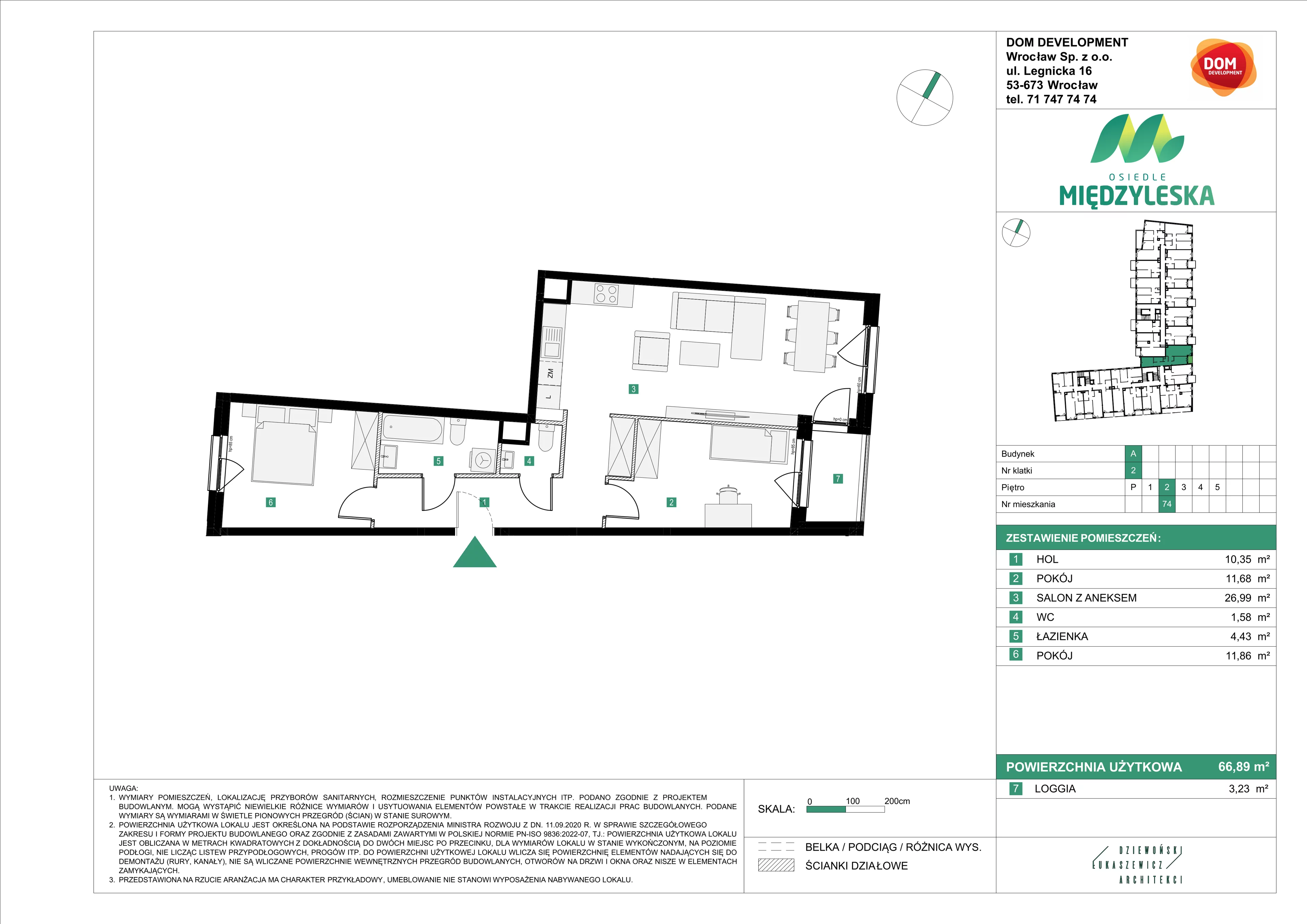 3 pokoje, mieszkanie 66,89 m², piętro 2, oferta nr A/74, Osiedle Międzyleska, Wrocław, Tarnogaj, Krzyki, ul. Międzyleska 6b