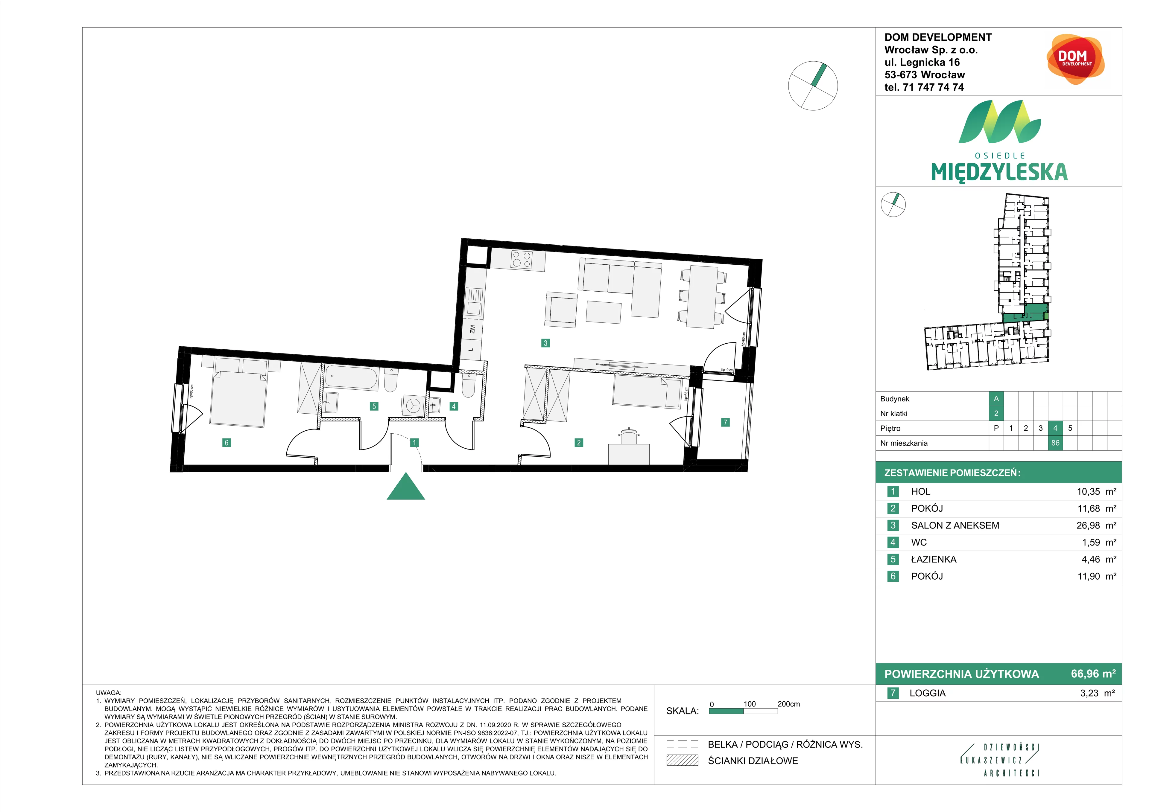 3 pokoje, mieszkanie 66,96 m², piętro 4, oferta nr A/86, Osiedle Międzyleska, Wrocław, Tarnogaj, Krzyki, ul. Międzyleska 6b