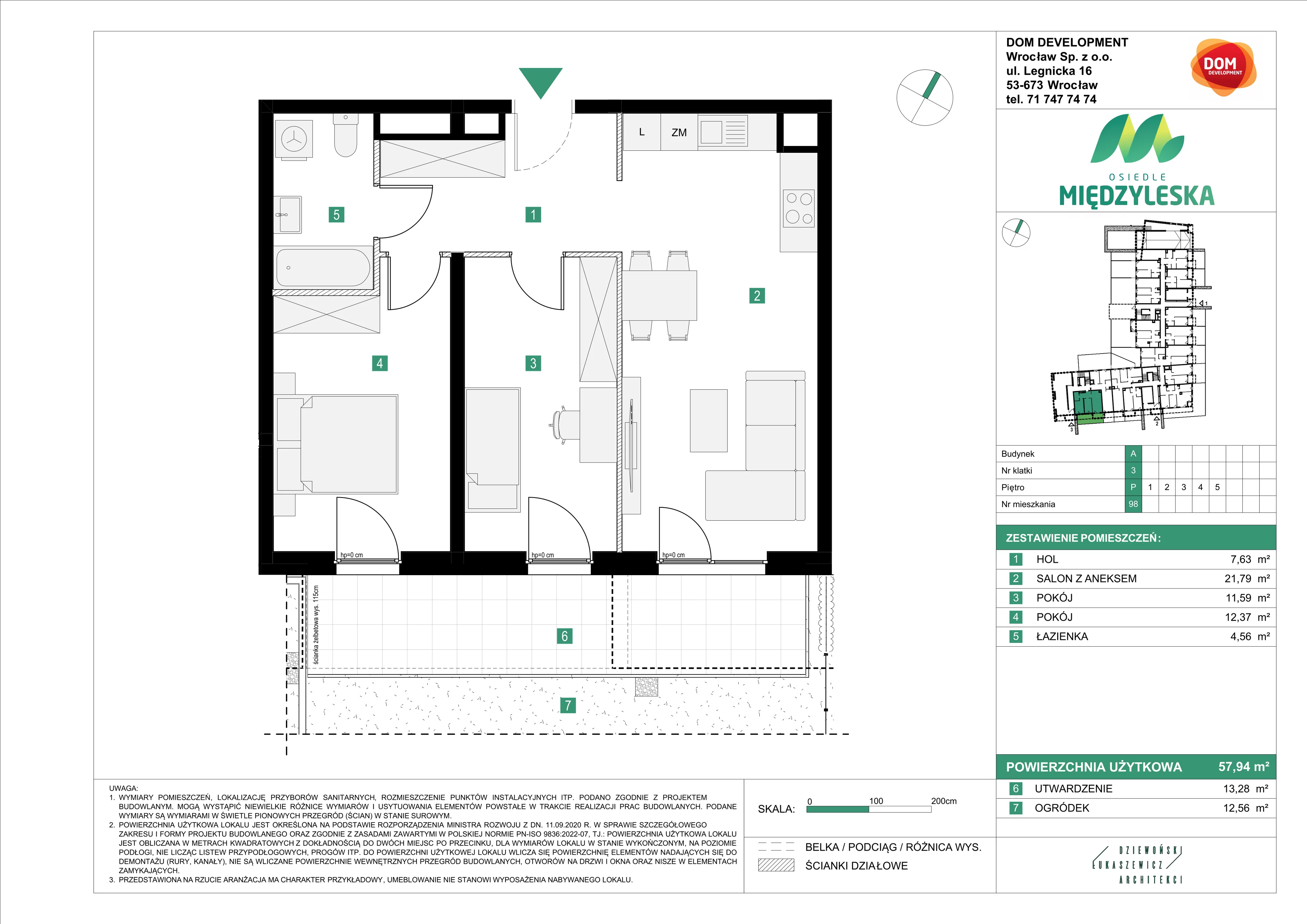 3 pokoje, mieszkanie 57,94 m², parter, oferta nr A/98, Osiedle Międzyleska, Wrocław, Tarnogaj, Krzyki, ul. Międzyleska 6b
