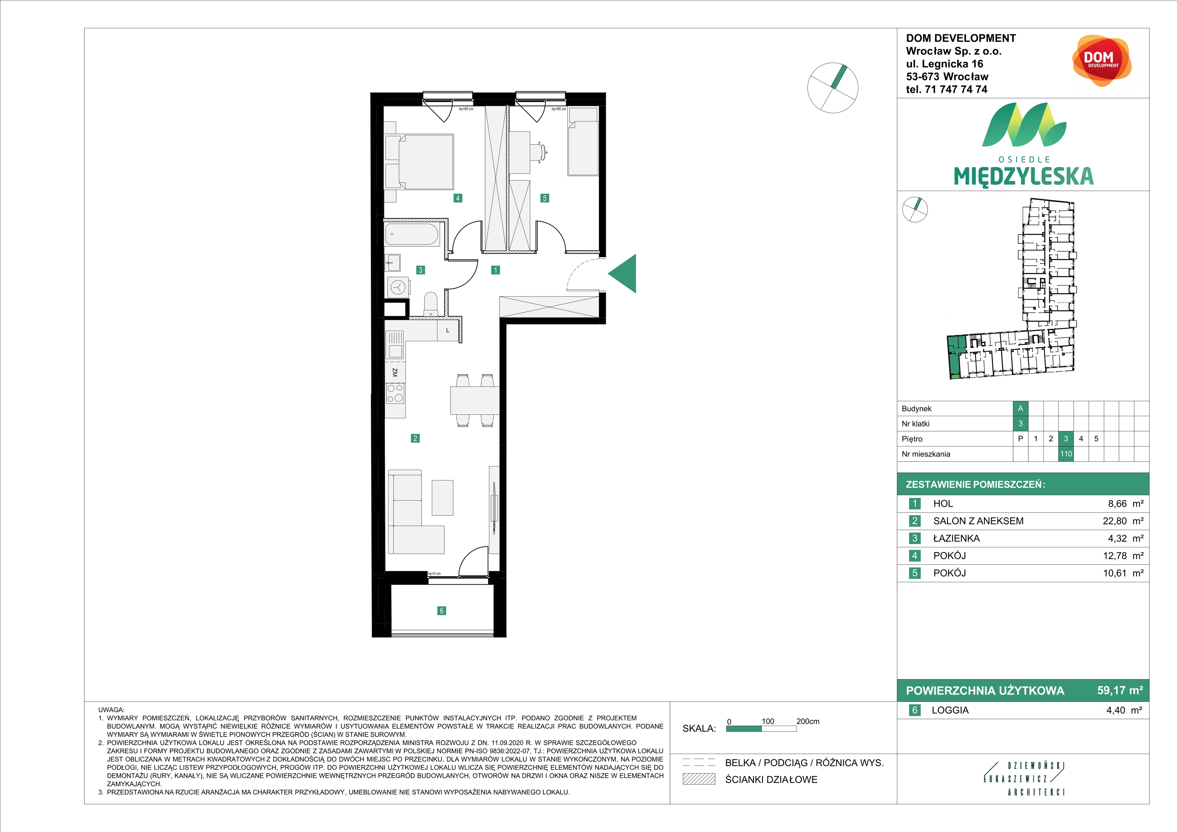 3 pokoje, mieszkanie 59,17 m², piętro 3, oferta nr A/110, Osiedle Międzyleska, Wrocław, Tarnogaj, Krzyki, ul. Międzyleska 6b