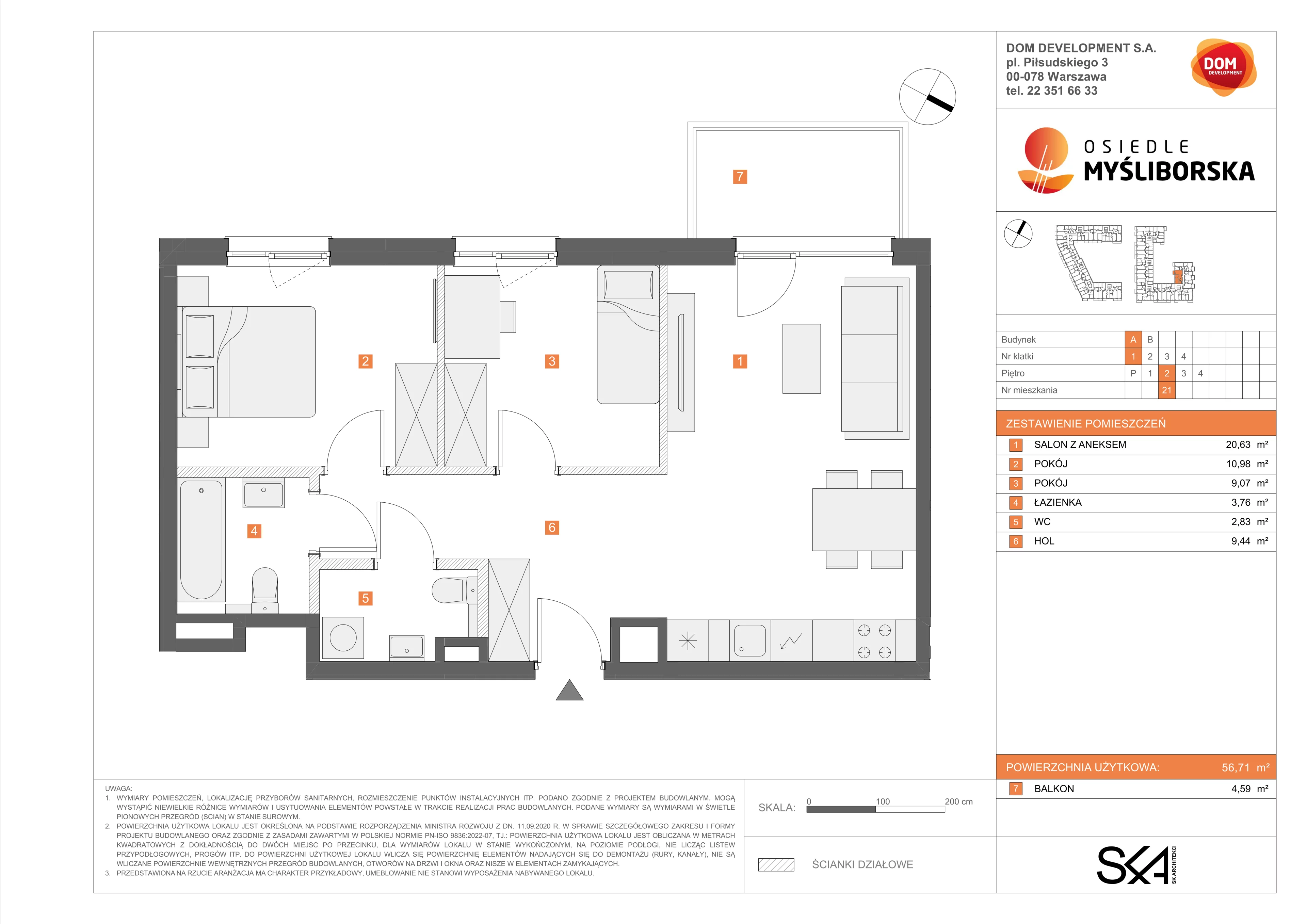 3 pokoje, mieszkanie 56,71 m², piętro 2, oferta nr A/21, Osiedle Myśliborska, Warszawa, Białołęka, Żerań, ul. Myśliborska / Ochorowicza