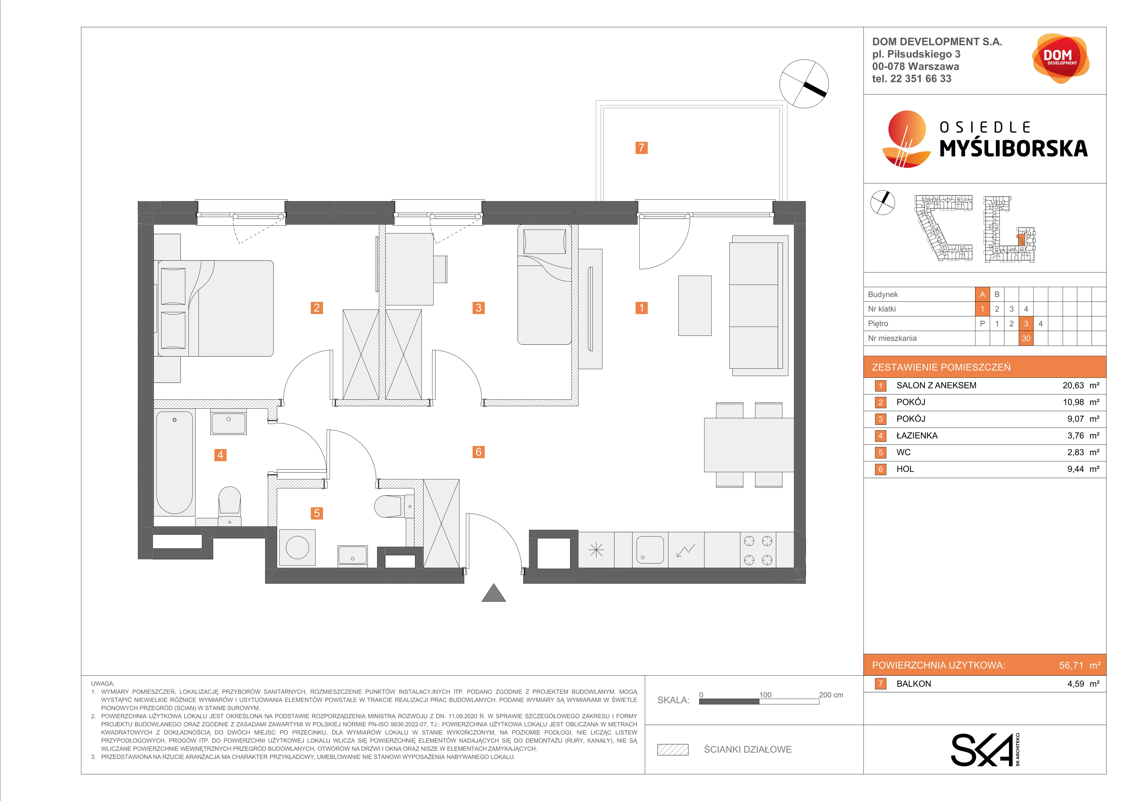 3 pokoje, mieszkanie 56,71 m², piętro 3, oferta nr A/30, Osiedle Myśliborska, Warszawa, Białołęka, Żerań, ul. Myśliborska / Ochorowicza
