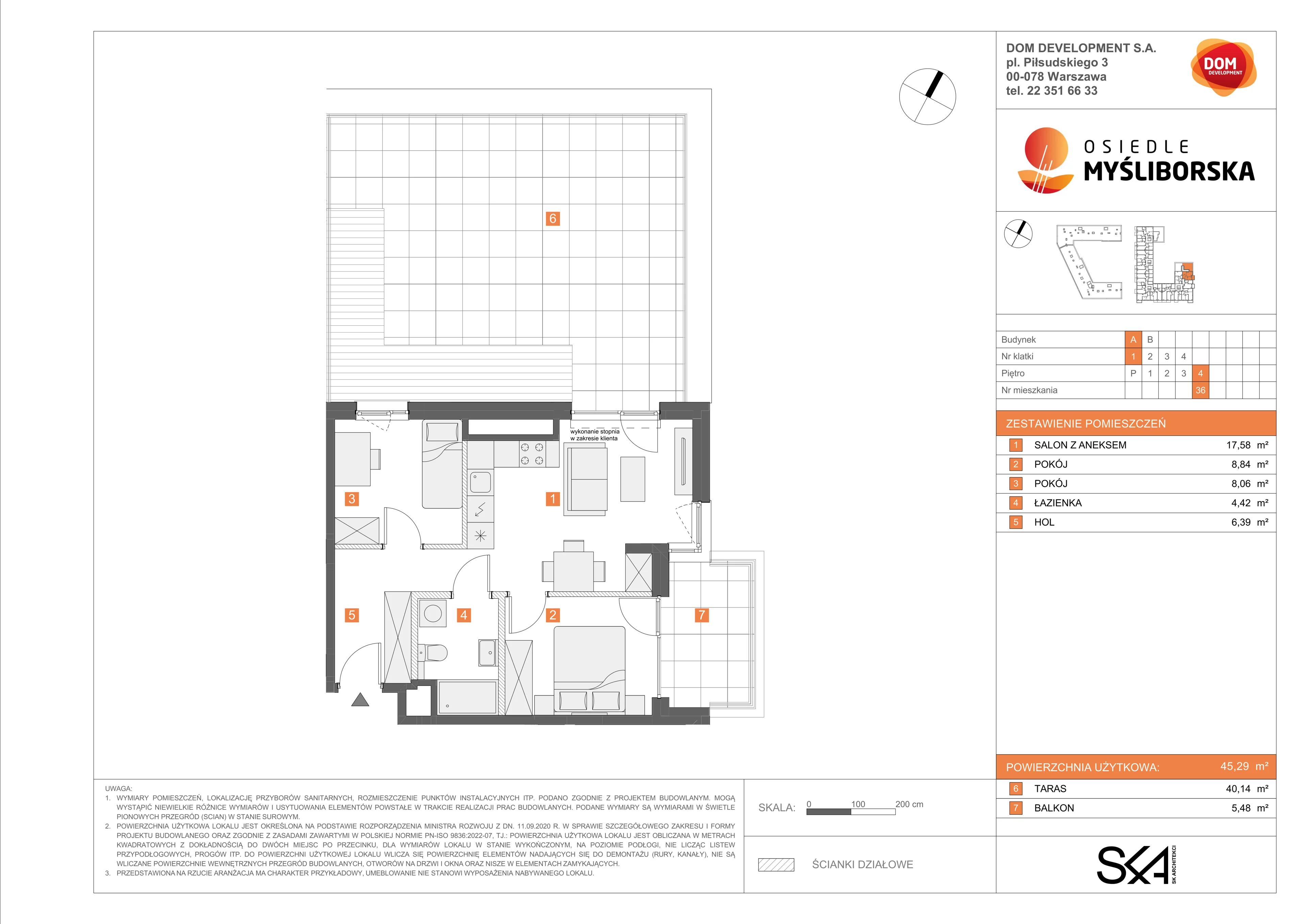 3 pokoje, mieszkanie 45,29 m², piętro 4, oferta nr A/36, Osiedle Myśliborska, Warszawa, Białołęka, Żerań, ul. Myśliborska / Ochorowicza
