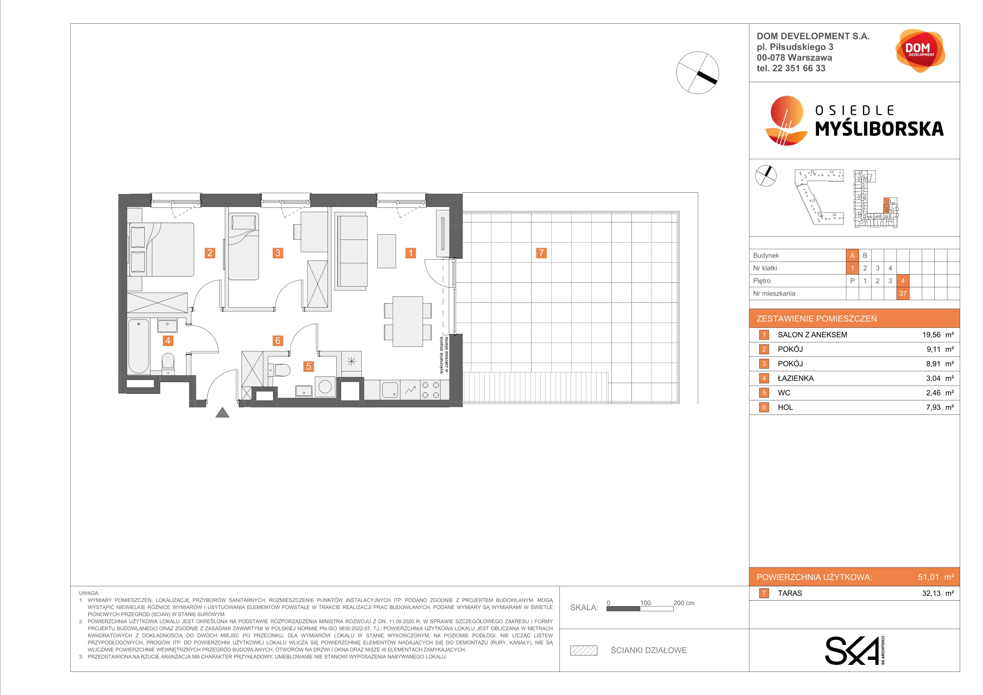 3 pokoje, mieszkanie 51,01 m², piętro 4, oferta nr A/37, Osiedle Myśliborska, Warszawa, Białołęka, Żerań, ul. Myśliborska / Ochorowicza