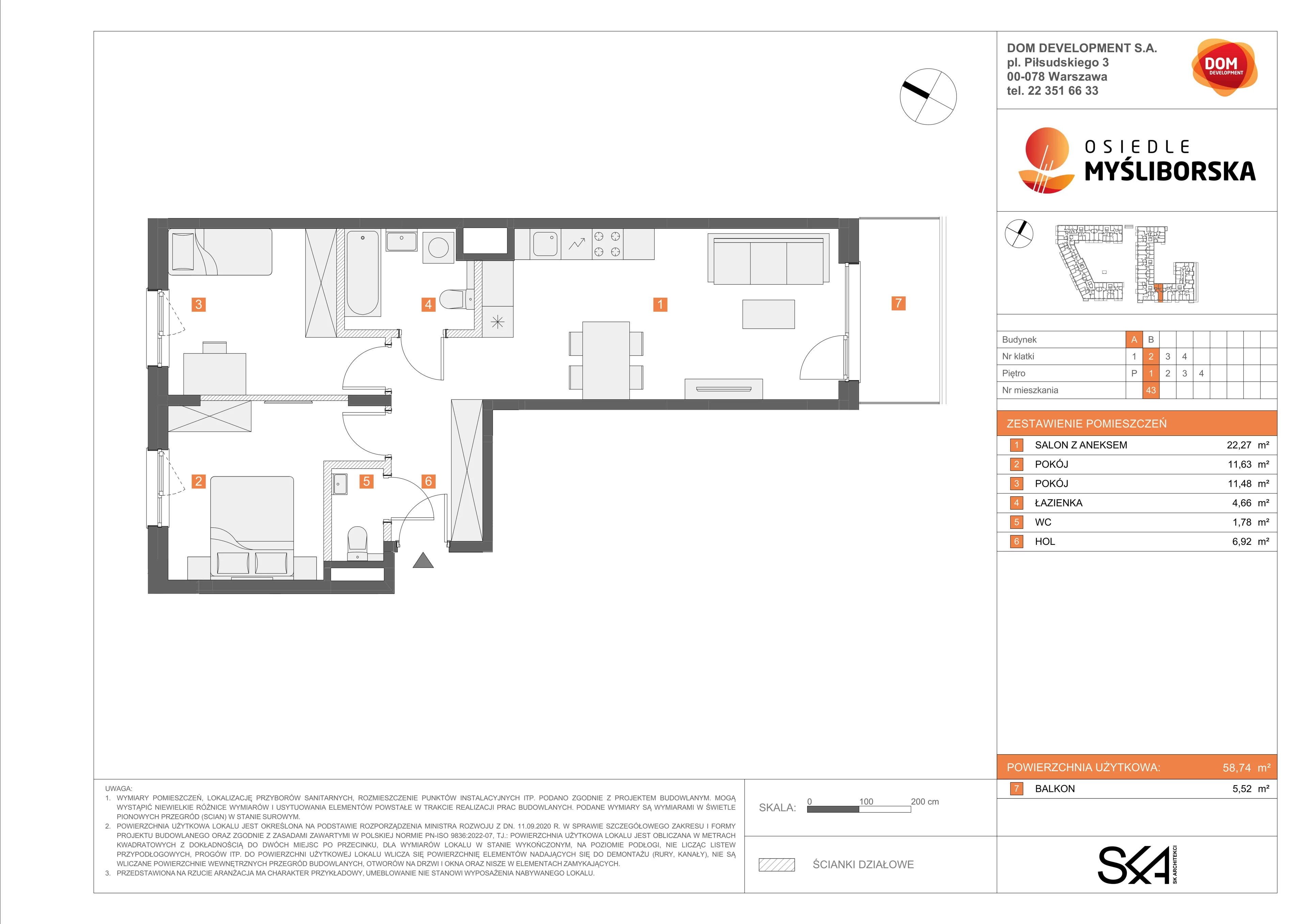 3 pokoje, mieszkanie 58,74 m², piętro 1, oferta nr A/43, Osiedle Myśliborska, Warszawa, Białołęka, Żerań, ul. Myśliborska / Ochorowicza