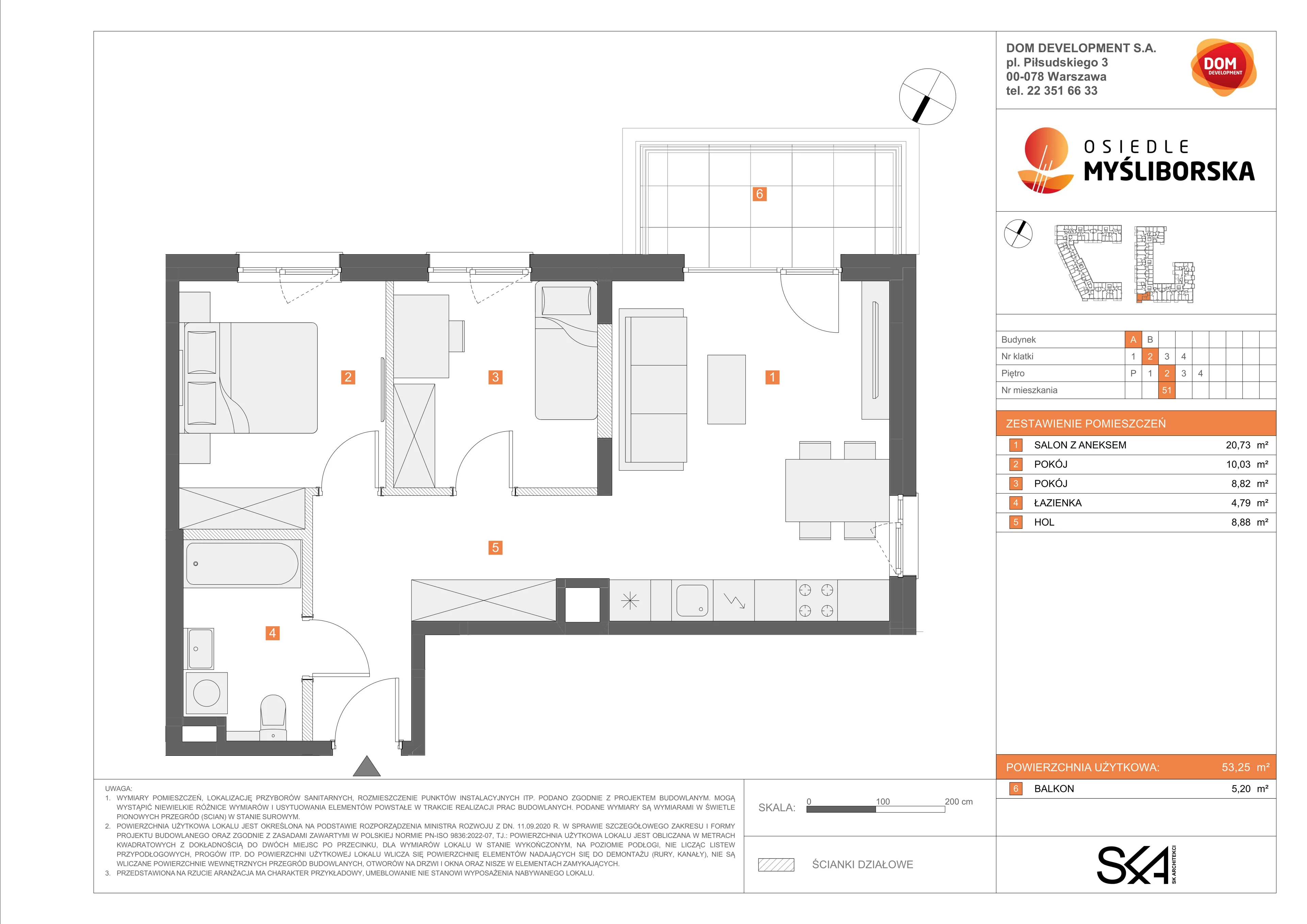 3 pokoje, mieszkanie 53,25 m², piętro 2, oferta nr A/51, Osiedle Myśliborska, Warszawa, Białołęka, Żerań, ul. Myśliborska / Ochorowicza