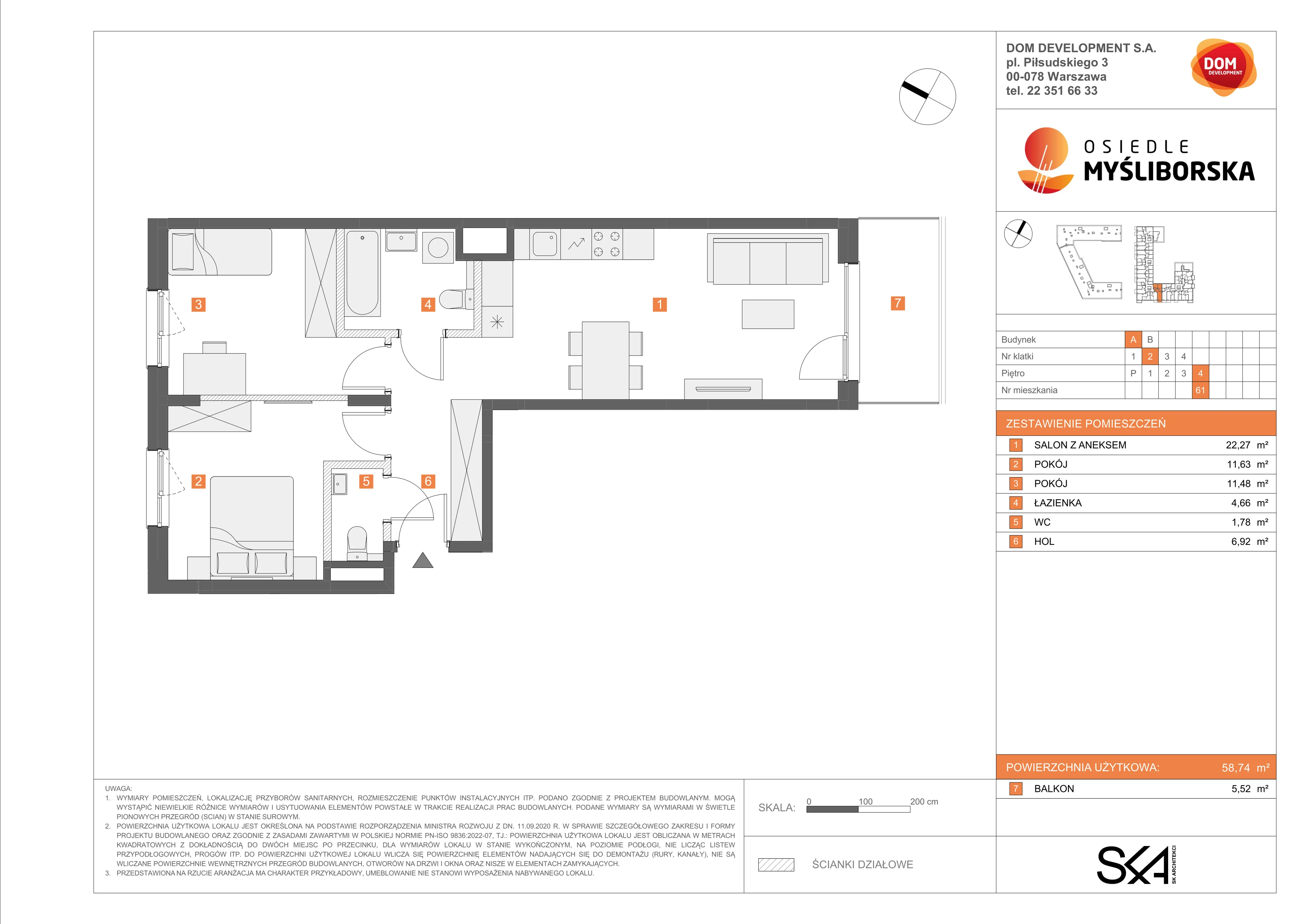 3 pokoje, mieszkanie 58,74 m², piętro 4, oferta nr A/61, Osiedle Myśliborska, Warszawa, Białołęka, Żerań, ul. Myśliborska / Ochorowicza