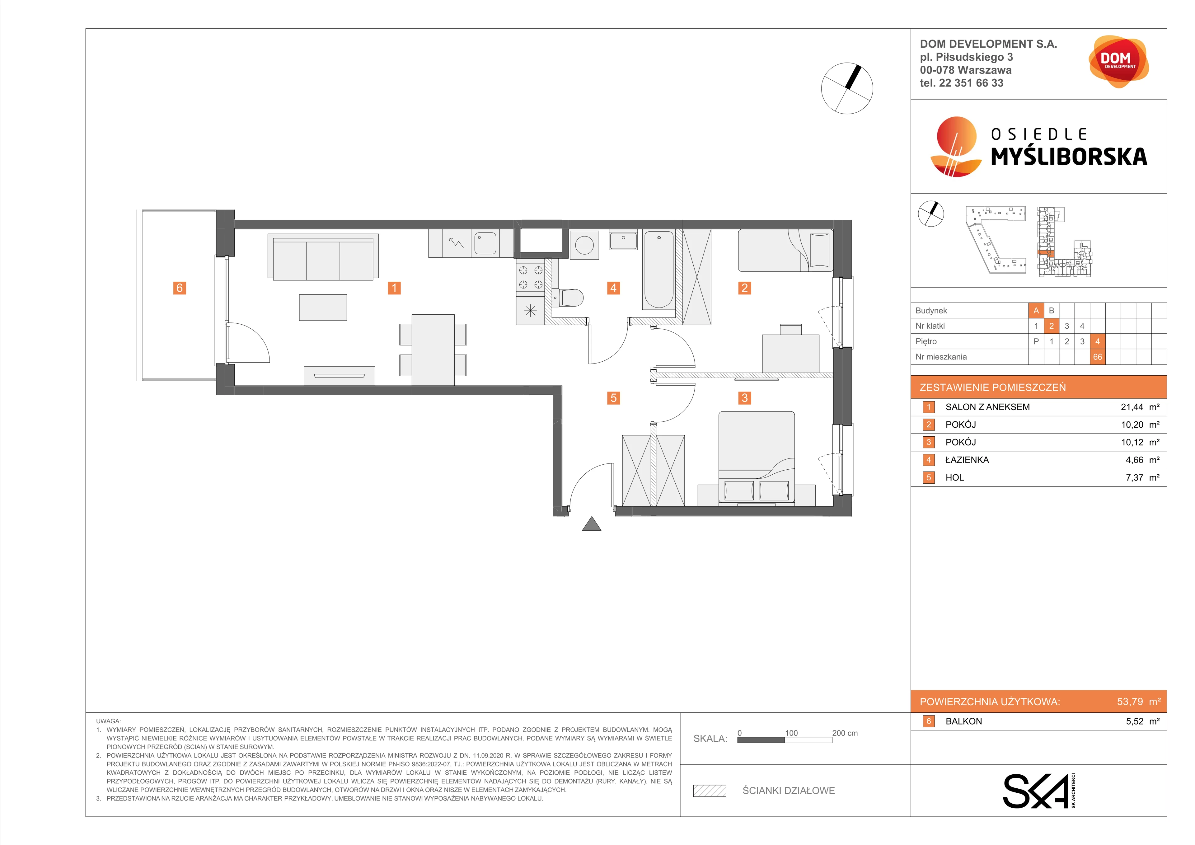 3 pokoje, mieszkanie 53,79 m², piętro 4, oferta nr A/66, Osiedle Myśliborska, Warszawa, Białołęka, Żerań, ul. Myśliborska / Ochorowicza