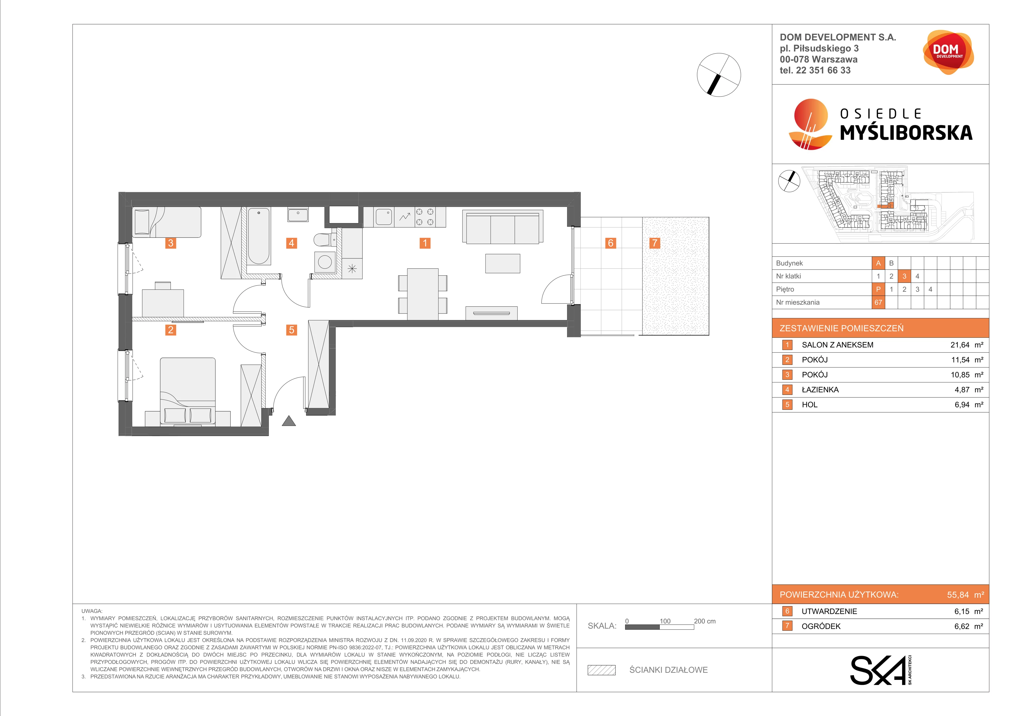 3 pokoje, mieszkanie 55,84 m², parter, oferta nr A/67, Osiedle Myśliborska, Warszawa, Białołęka, Żerań, ul. Myśliborska / Ochorowicza