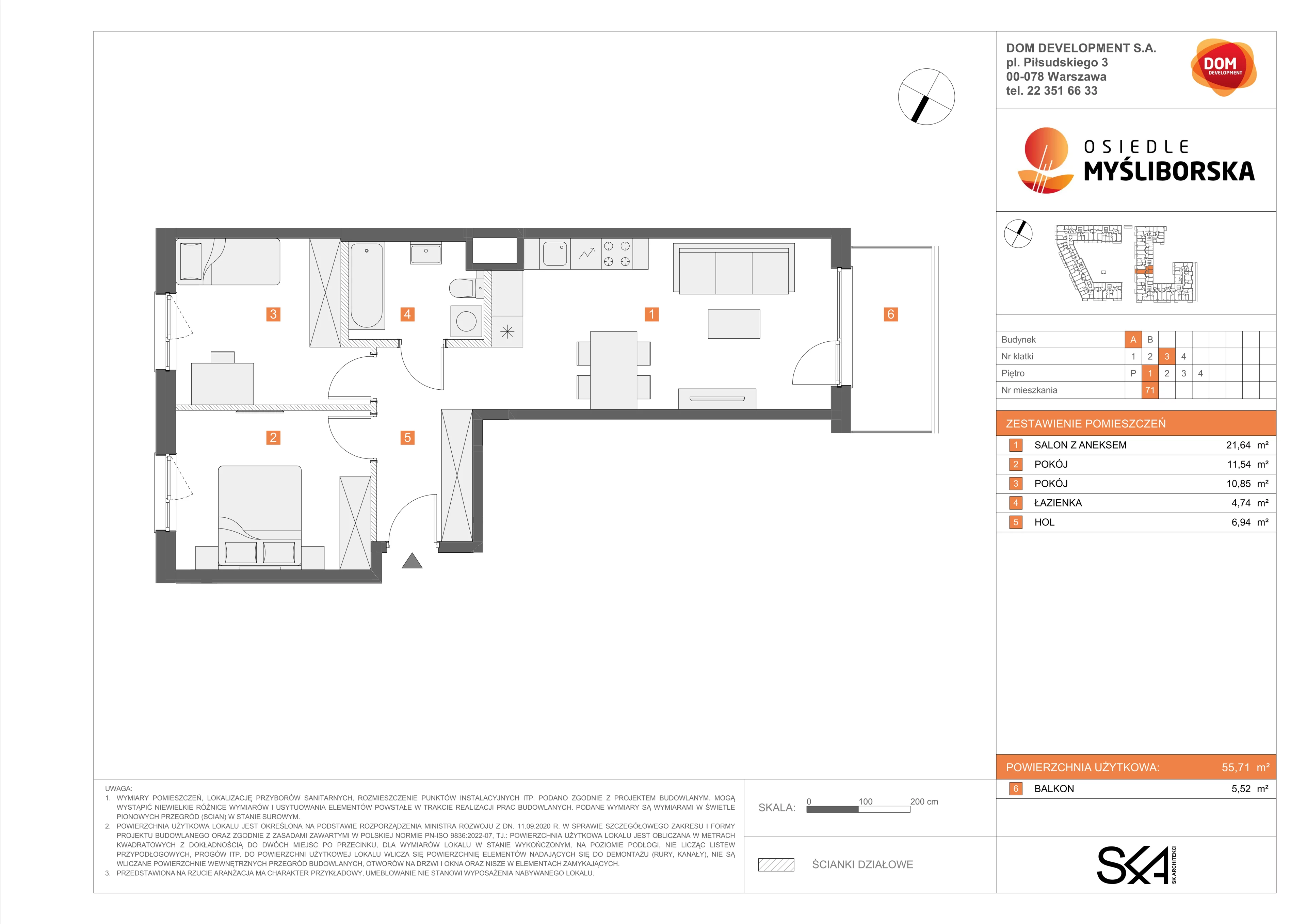 3 pokoje, mieszkanie 55,71 m², piętro 1, oferta nr A/71, Osiedle Myśliborska, Warszawa, Białołęka, Żerań, ul. Myśliborska / Ochorowicza