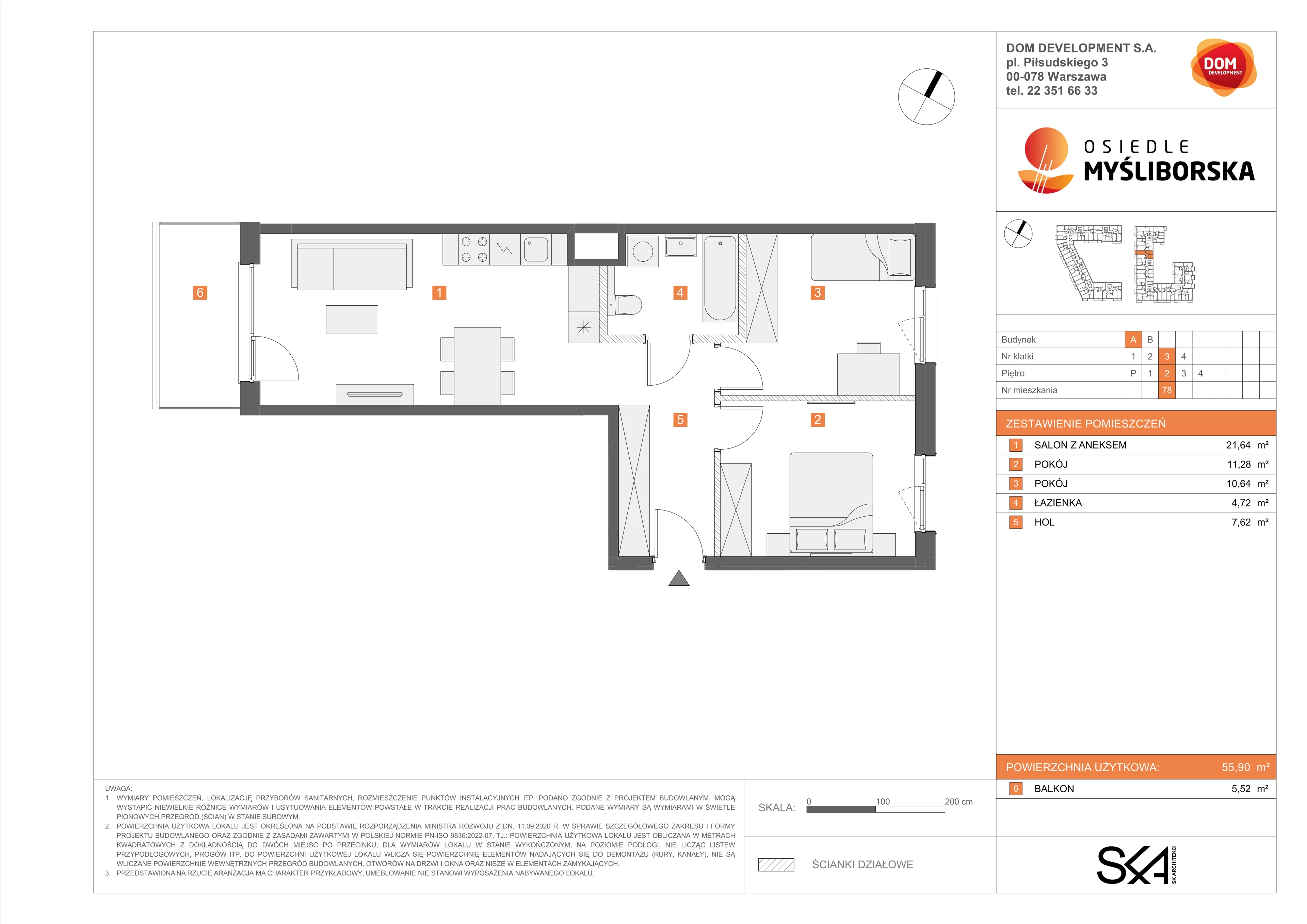 3 pokoje, mieszkanie 55,90 m², piętro 2, oferta nr A/78, Osiedle Myśliborska, Warszawa, Białołęka, Żerań, ul. Myśliborska / Ochorowicza
