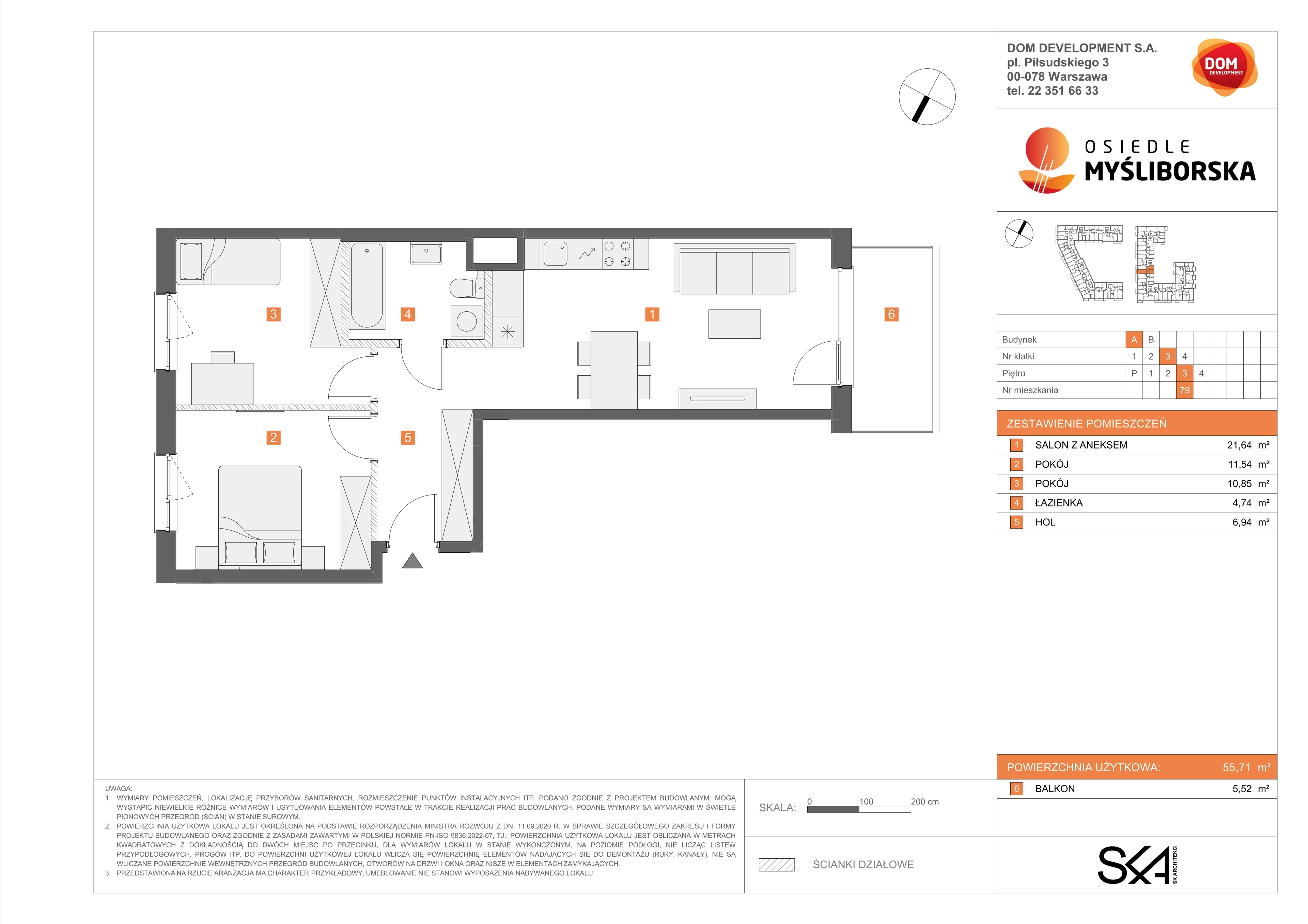 3 pokoje, mieszkanie 55,71 m², piętro 3, oferta nr A/79, Osiedle Myśliborska, Warszawa, Białołęka, Żerań, ul. Myśliborska / Ochorowicza