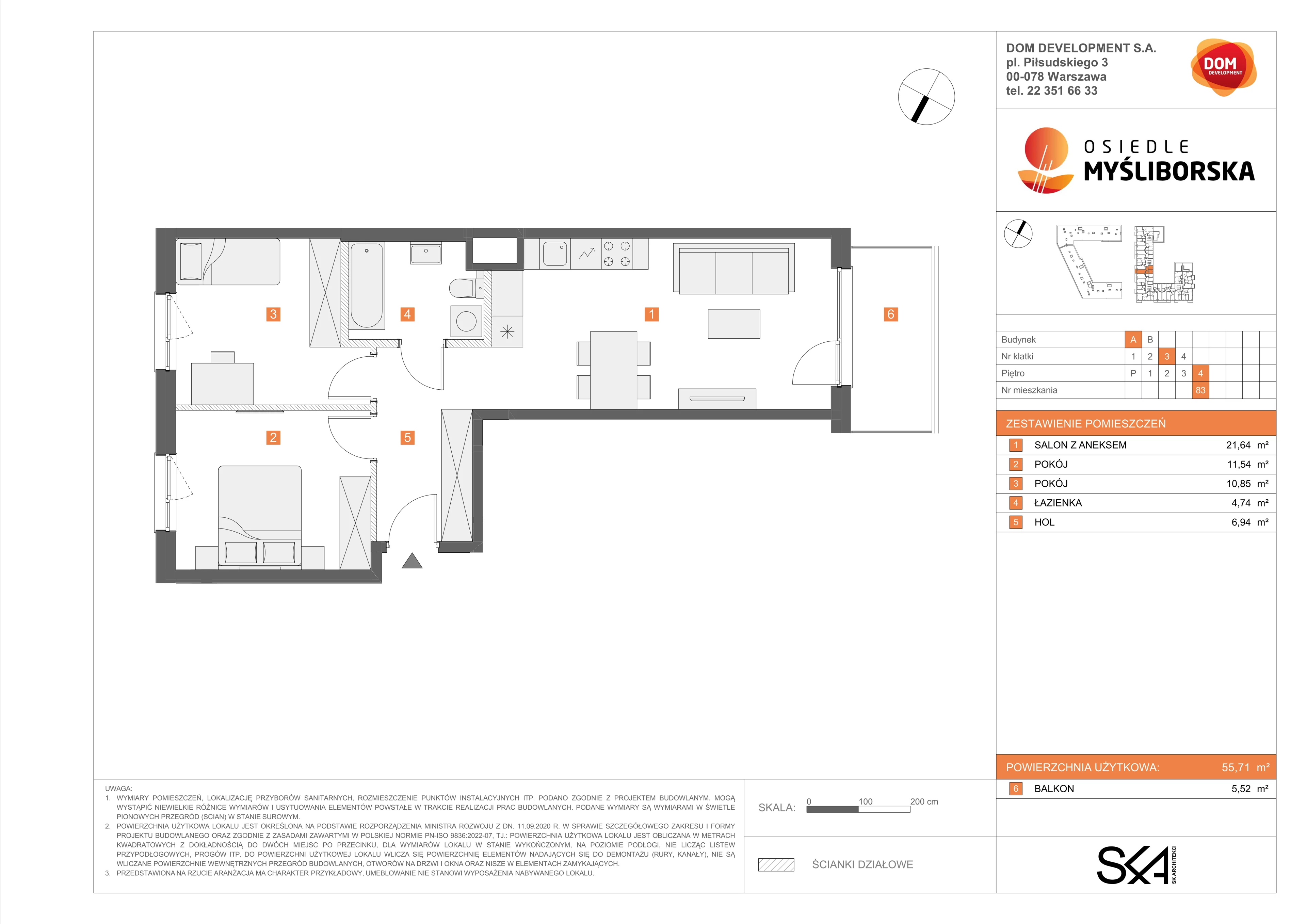 3 pokoje, mieszkanie 55,71 m², piętro 4, oferta nr A/83, Osiedle Myśliborska, Warszawa, Białołęka, Żerań, ul. Myśliborska / Ochorowicza