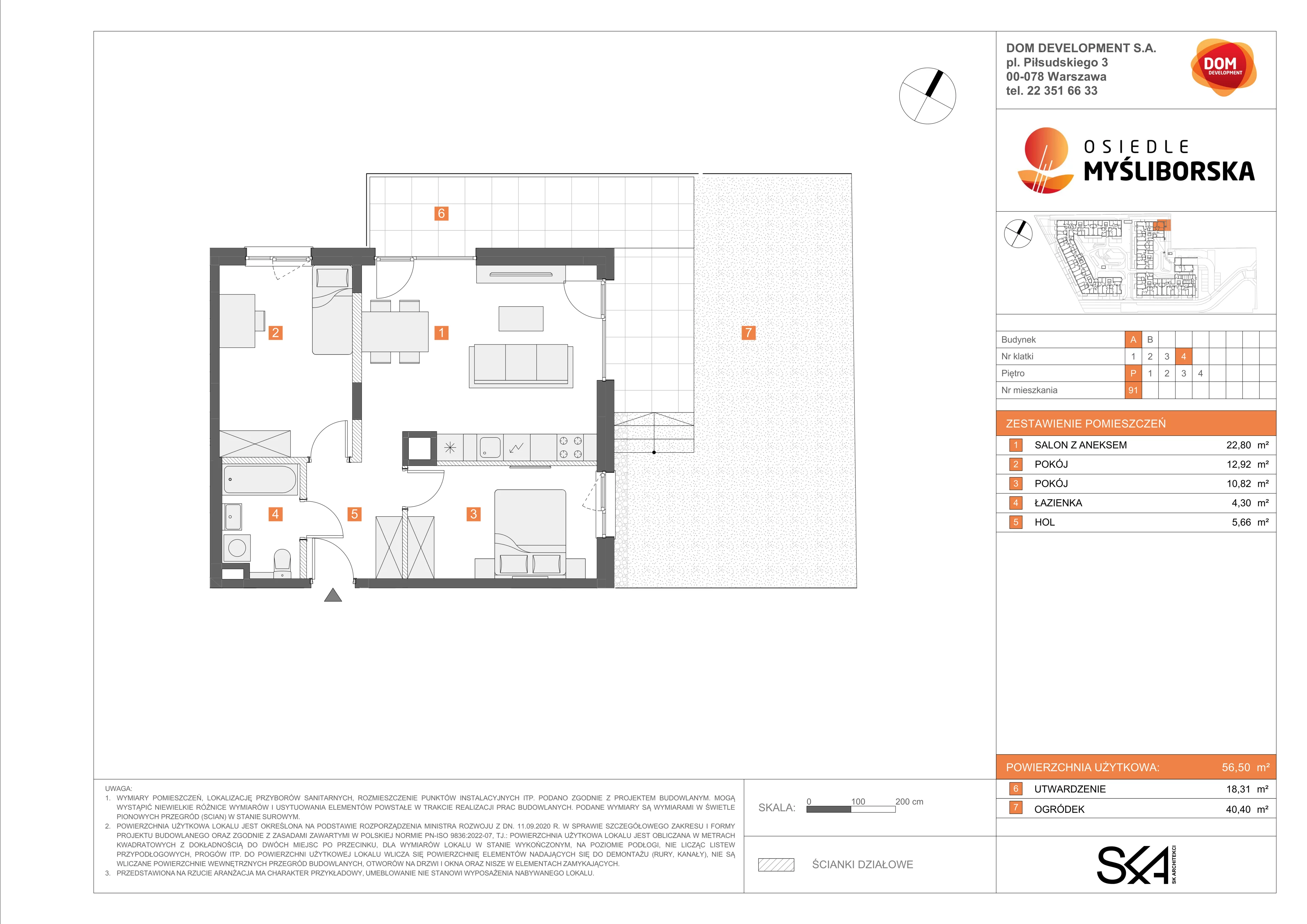 3 pokoje, mieszkanie 56,50 m², parter, oferta nr A/91, Osiedle Myśliborska, Warszawa, Białołęka, Żerań, ul. Myśliborska / Ochorowicza