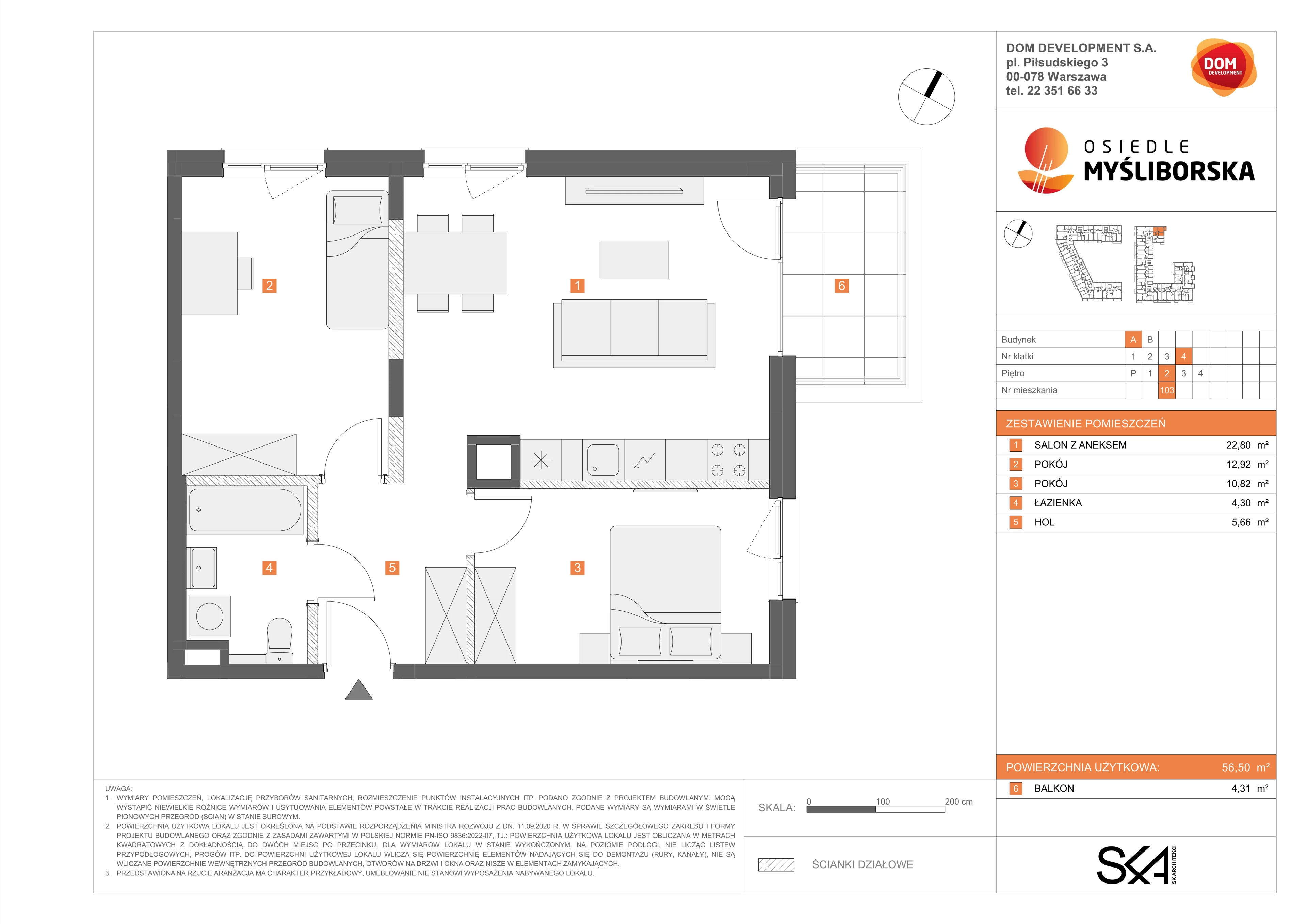 3 pokoje, mieszkanie 56,50 m², piętro 2, oferta nr A/103, Osiedle Myśliborska, Warszawa, Białołęka, Żerań, ul. Myśliborska / Ochorowicza