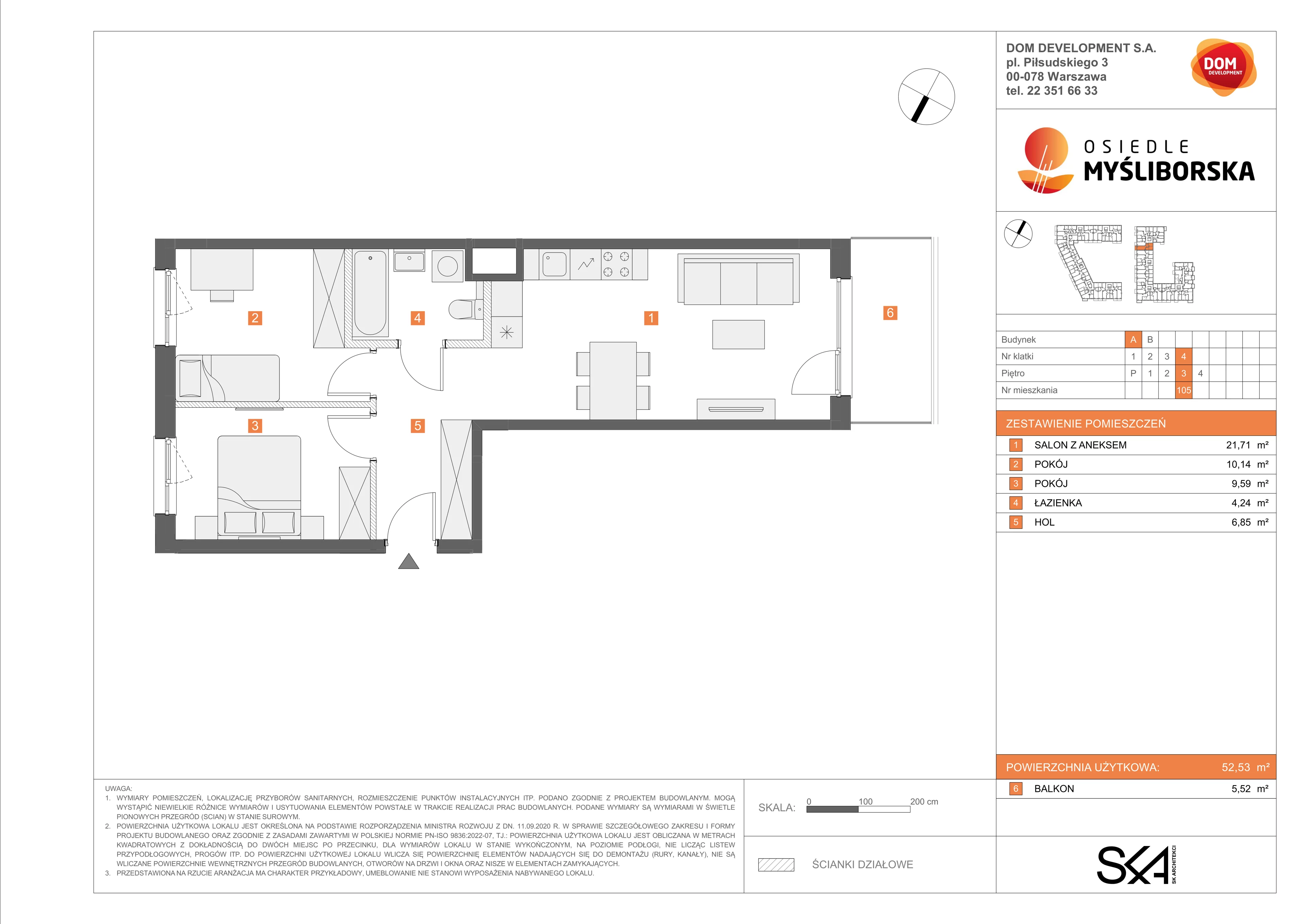 3 pokoje, mieszkanie 52,53 m², piętro 3, oferta nr A/105, Osiedle Myśliborska, Warszawa, Białołęka, Żerań, ul. Myśliborska / Ochorowicza