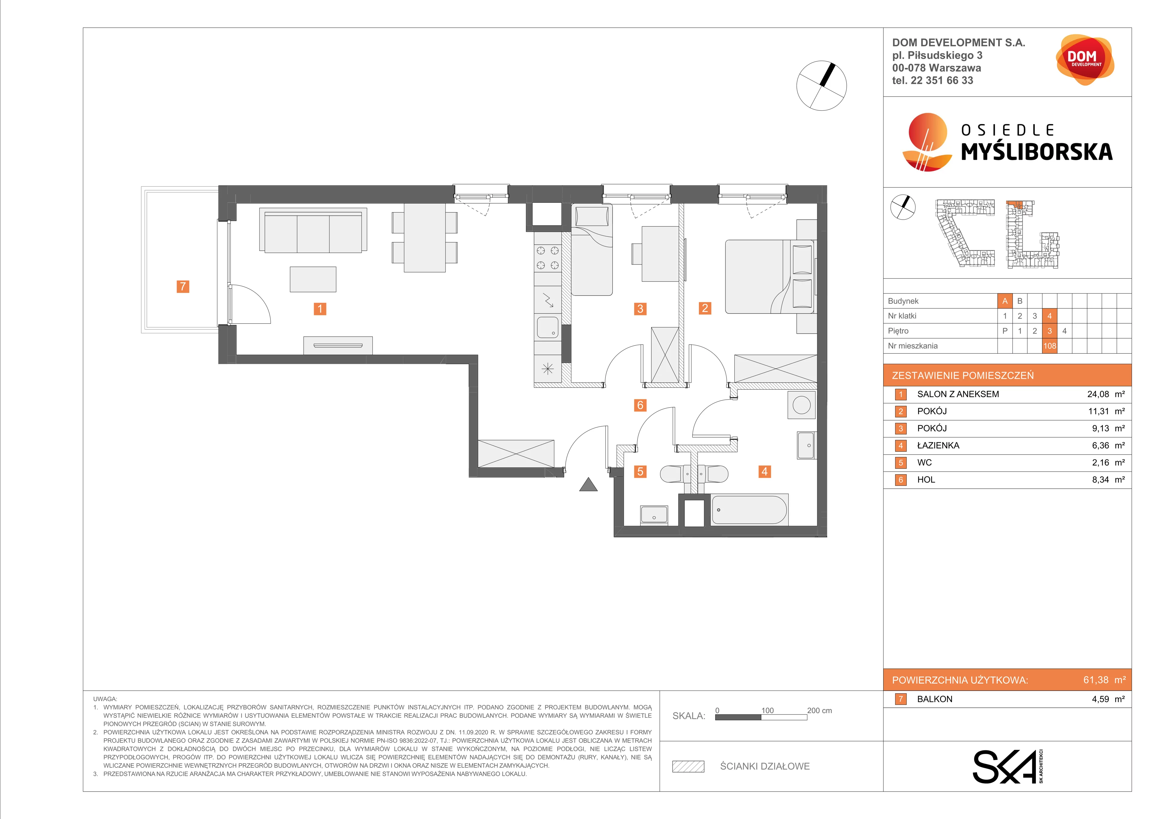 3 pokoje, mieszkanie 61,38 m², piętro 3, oferta nr A/108, Osiedle Myśliborska, Warszawa, Białołęka, Żerań, ul. Myśliborska / Ochorowicza