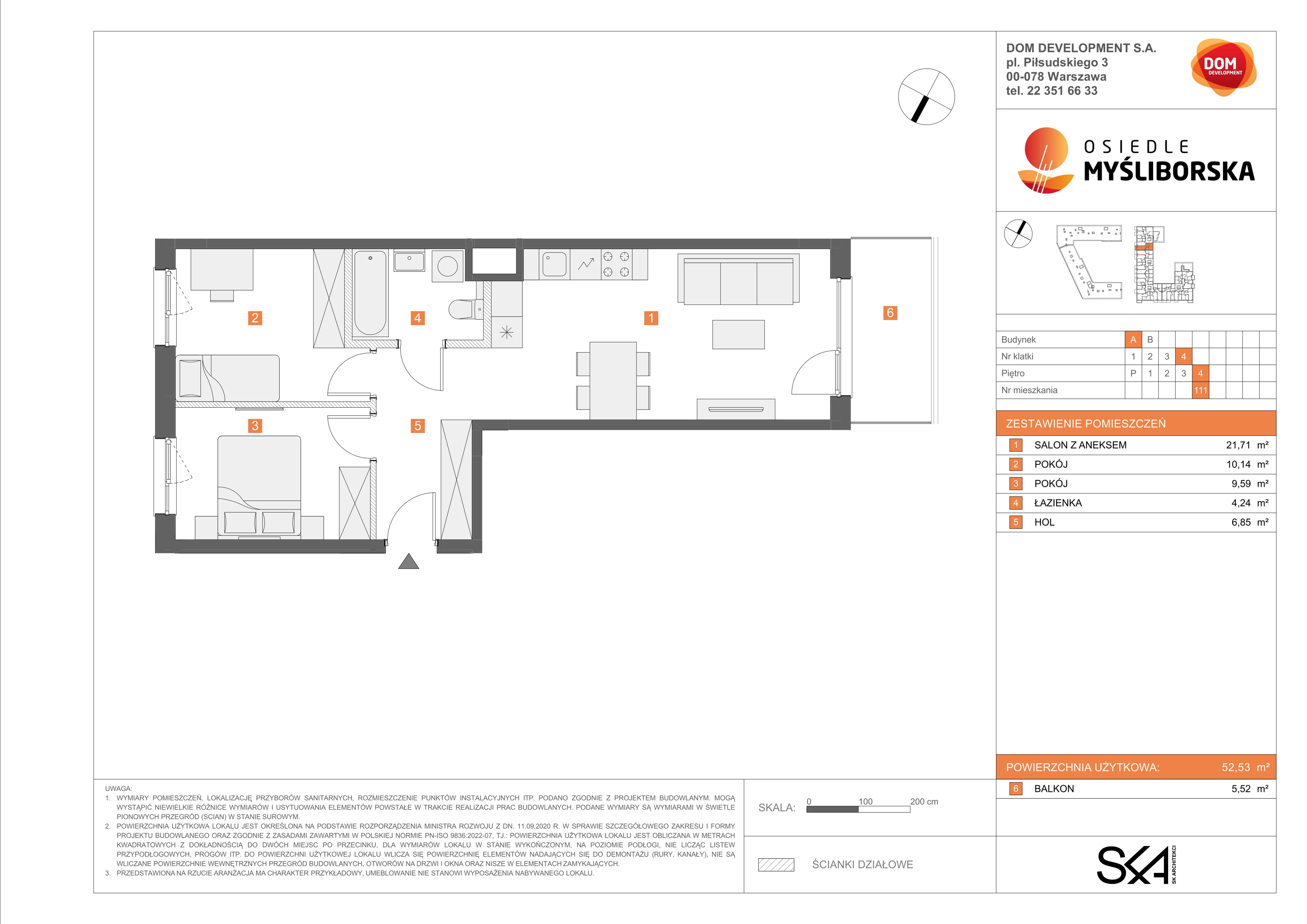 3 pokoje, mieszkanie 52,53 m², piętro 4, oferta nr A/111, Osiedle Myśliborska, Warszawa, Białołęka, Żerań, ul. Myśliborska / Ochorowicza