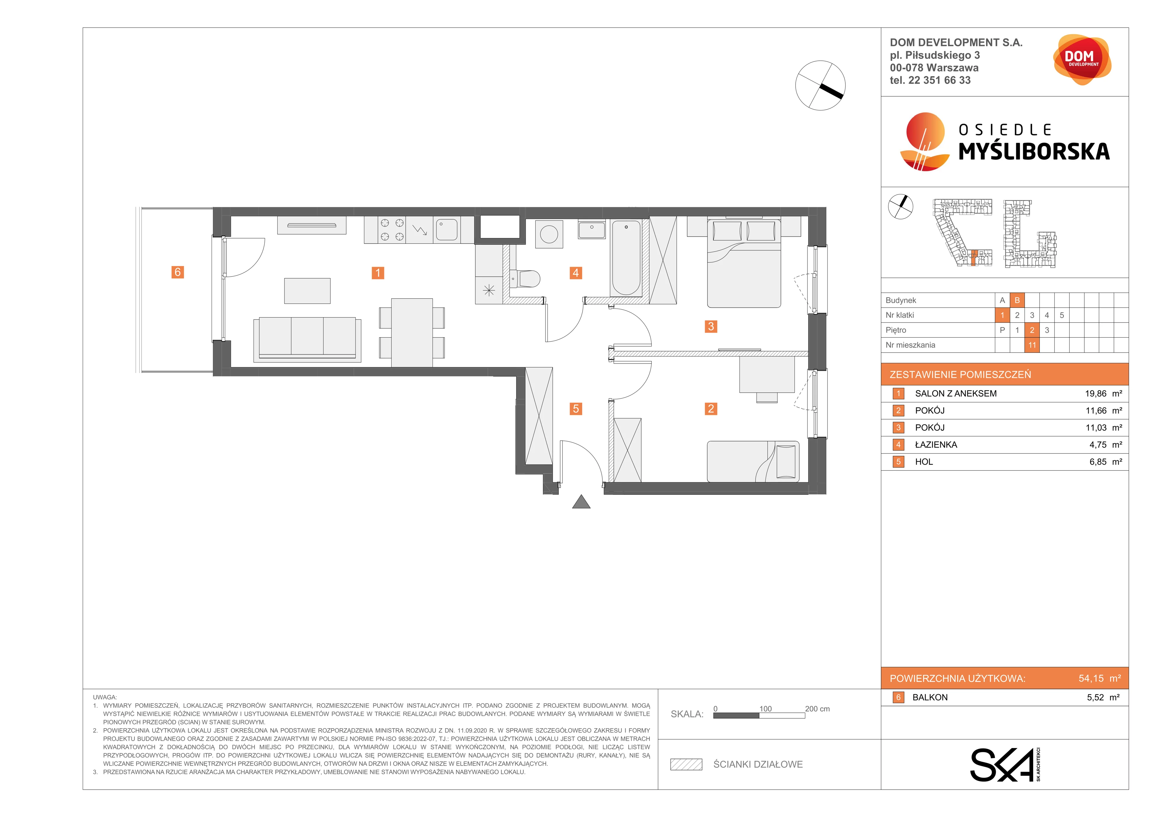 3 pokoje, mieszkanie 54,15 m², piętro 2, oferta nr B/11, Osiedle Myśliborska, Warszawa, Białołęka, Żerań, ul. Myśliborska / Ochorowicza