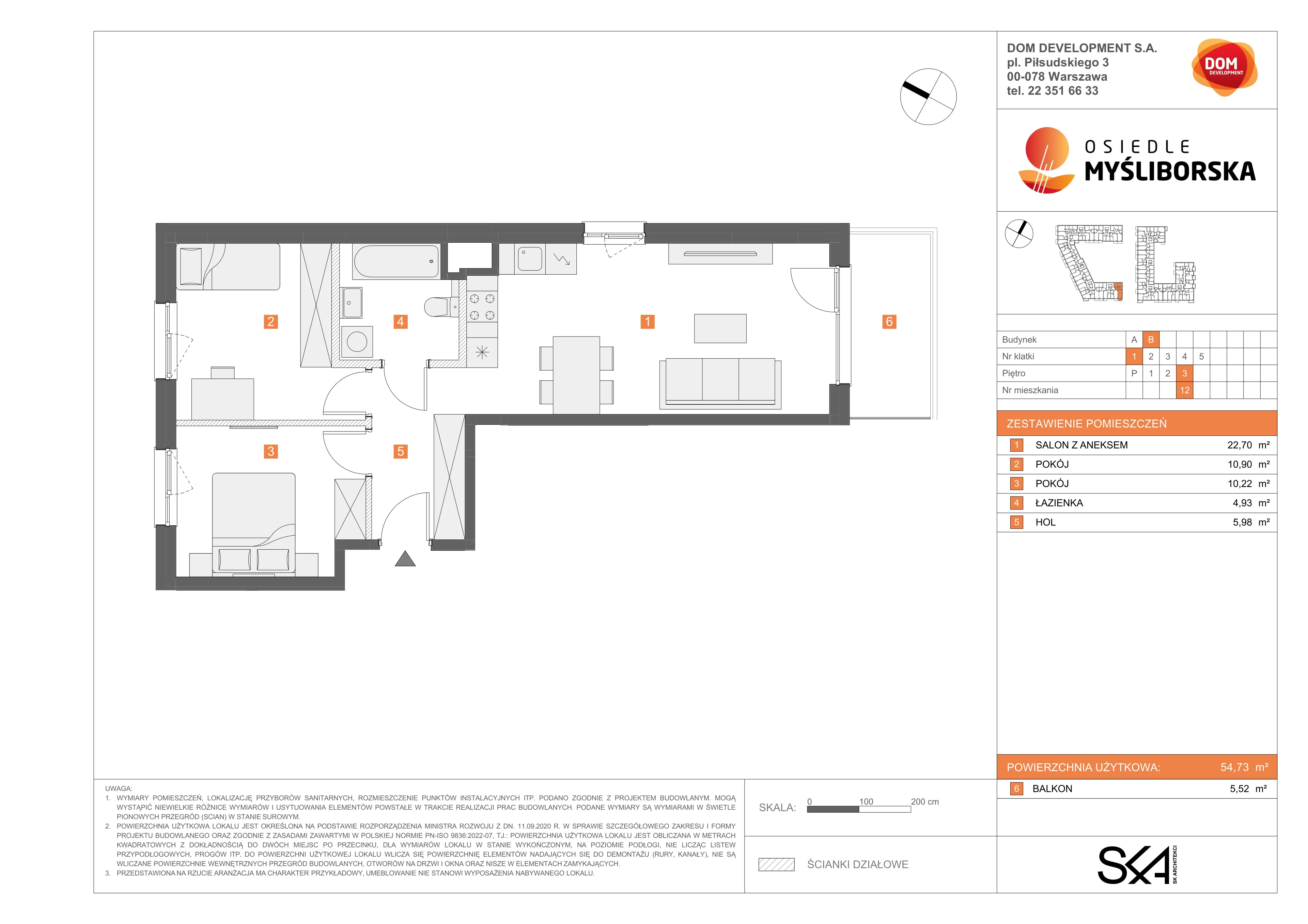 3 pokoje, mieszkanie 54,73 m², piętro 3, oferta nr B/12, Osiedle Myśliborska, Warszawa, Białołęka, Żerań, ul. Myśliborska / Ochorowicza