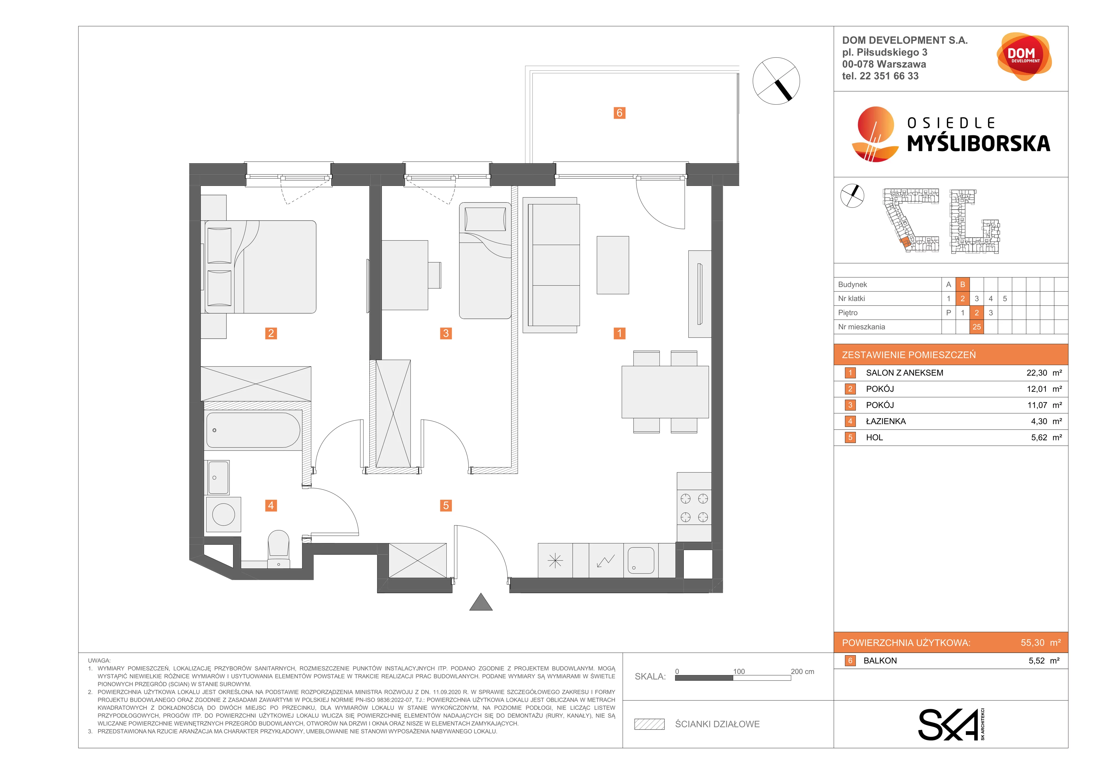 3 pokoje, mieszkanie 55,30 m², piętro 2, oferta nr B/25, Osiedle Myśliborska, Warszawa, Białołęka, Żerań, ul. Myśliborska / Ochorowicza