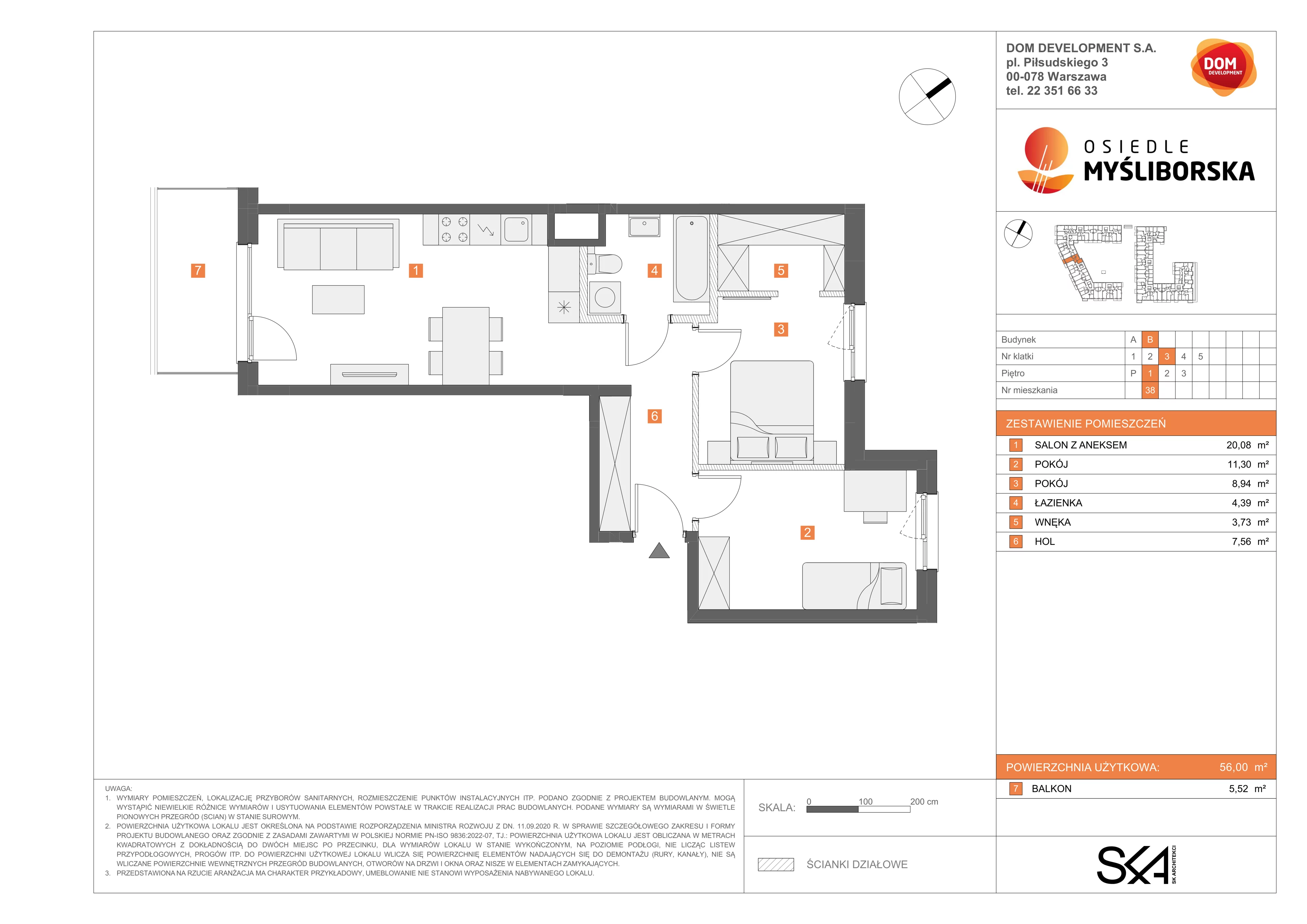 3 pokoje, mieszkanie 56,00 m², piętro 1, oferta nr B/38, Osiedle Myśliborska, Warszawa, Białołęka, Żerań, ul. Myśliborska / Ochorowicza