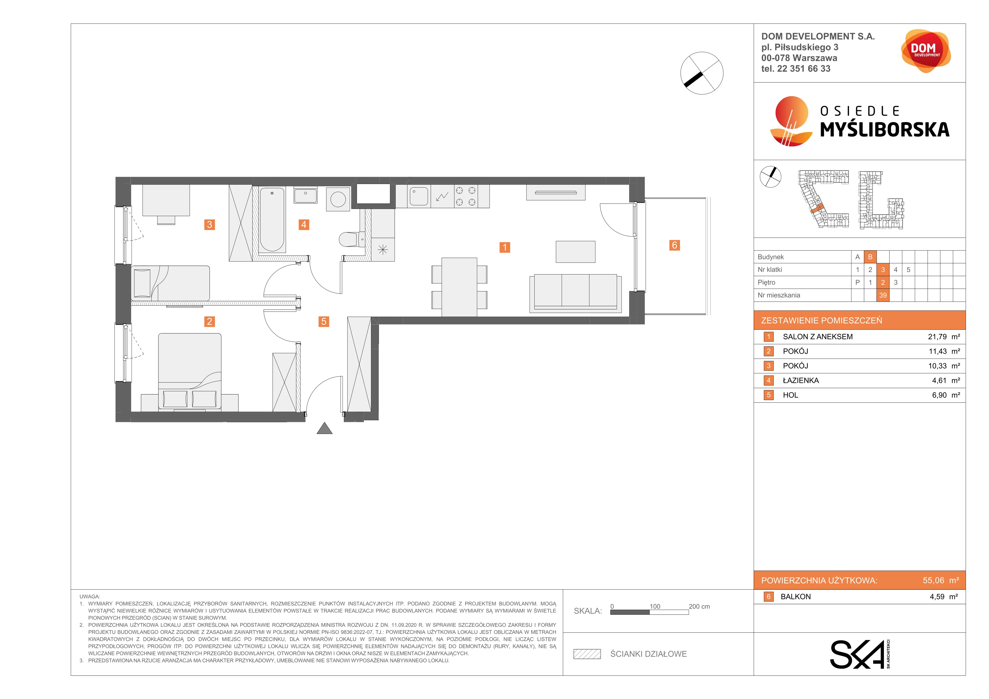 3 pokoje, mieszkanie 55,06 m², piętro 2, oferta nr B/39, Osiedle Myśliborska, Warszawa, Białołęka, Żerań, ul. Myśliborska / Ochorowicza