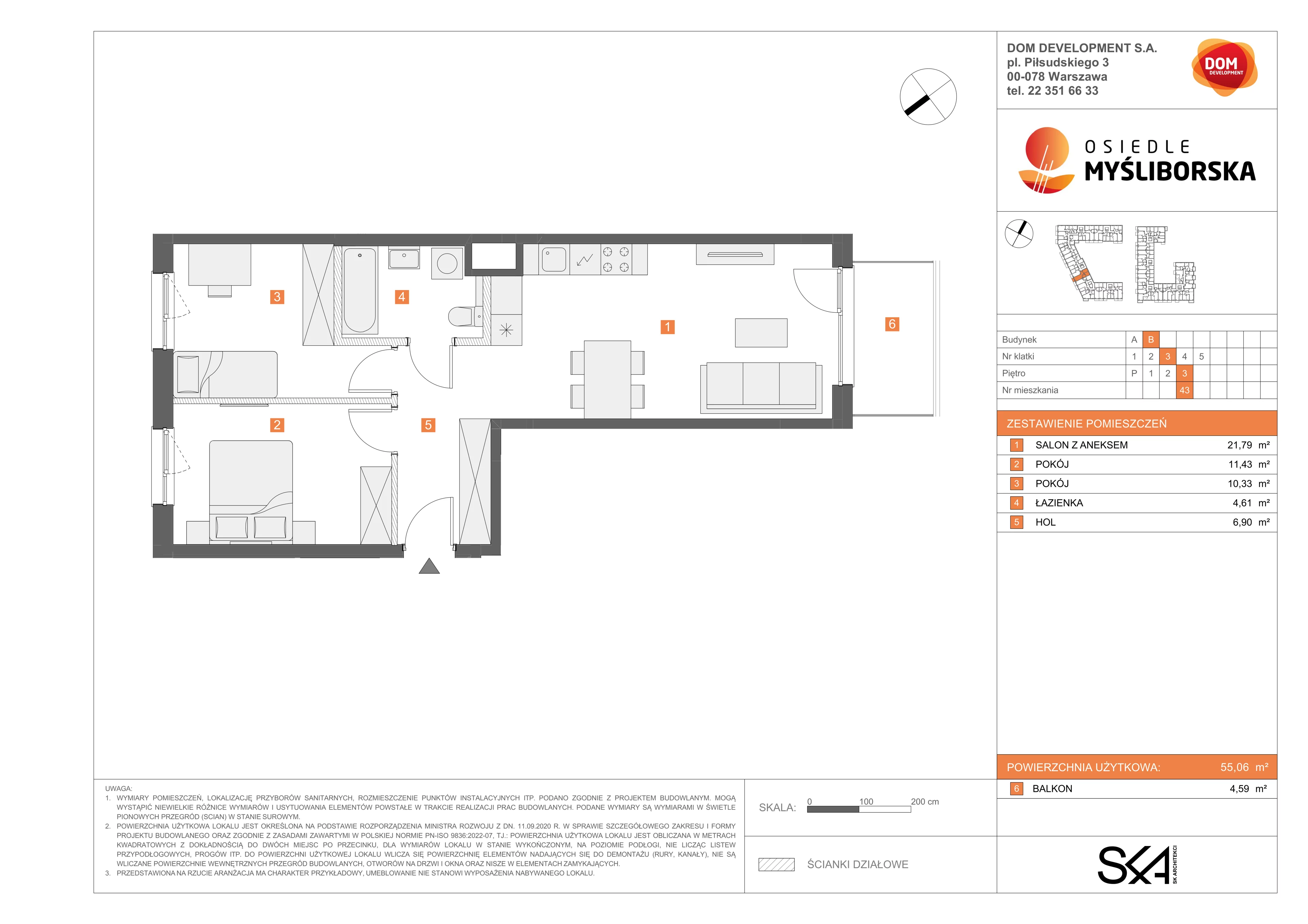 3 pokoje, mieszkanie 55,06 m², piętro 3, oferta nr B/43, Osiedle Myśliborska, Warszawa, Białołęka, Żerań, ul. Myśliborska / Ochorowicza