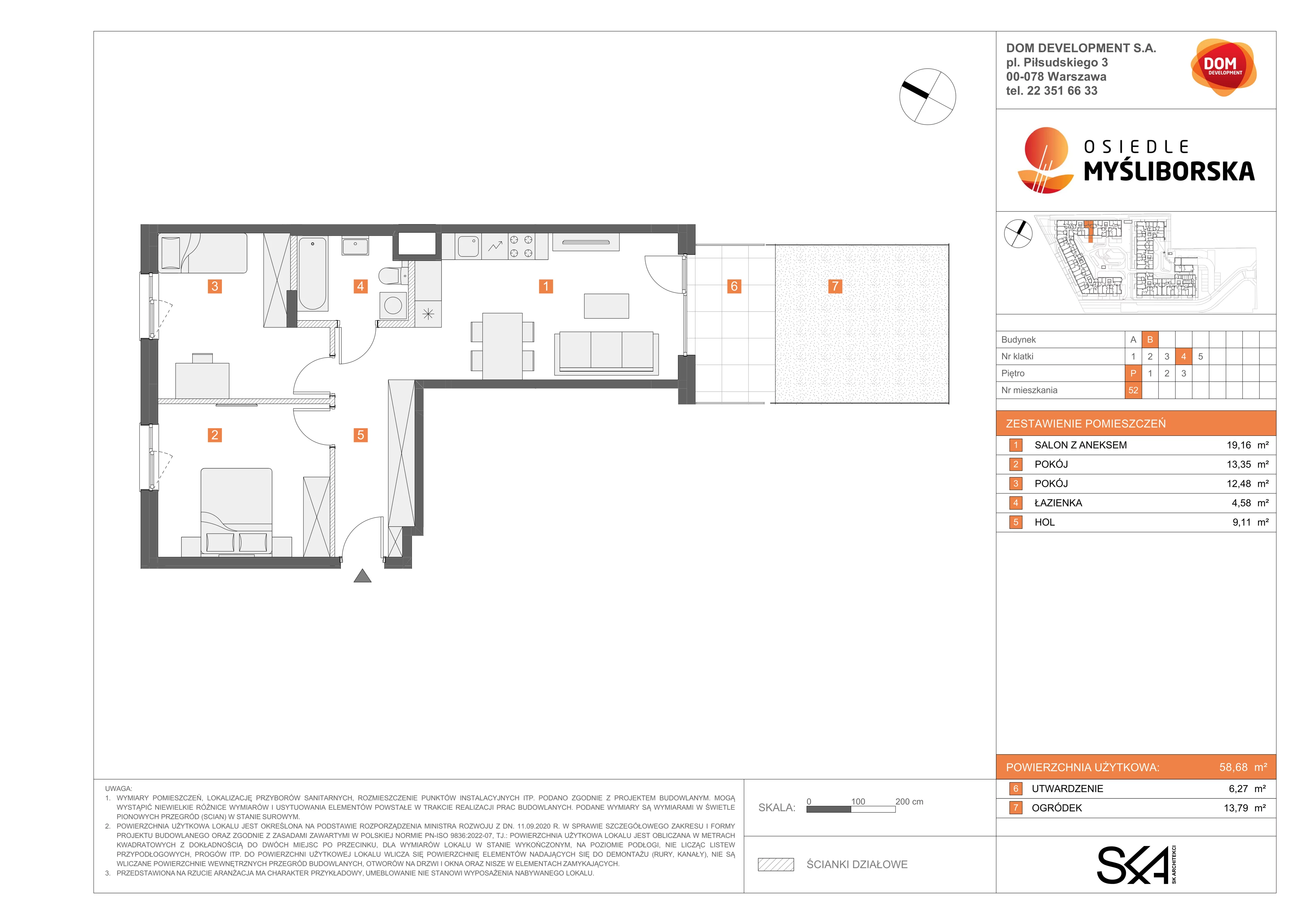 3 pokoje, mieszkanie 58,68 m², parter, oferta nr B/52, Osiedle Myśliborska, Warszawa, Białołęka, Żerań, ul. Myśliborska / Ochorowicza