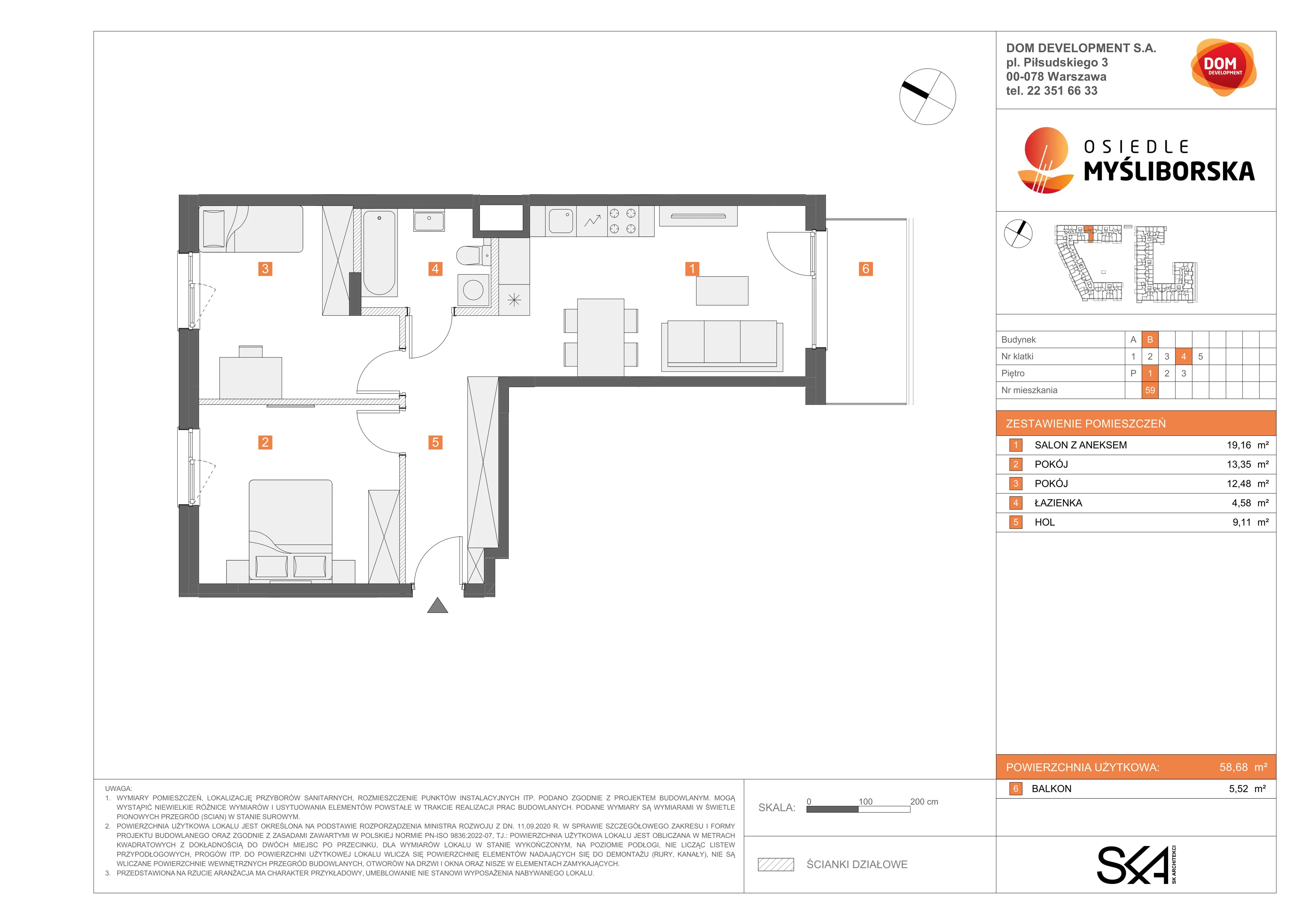 3 pokoje, mieszkanie 58,68 m², piętro 1, oferta nr B/59, Osiedle Myśliborska, Warszawa, Białołęka, Żerań, ul. Myśliborska / Ochorowicza