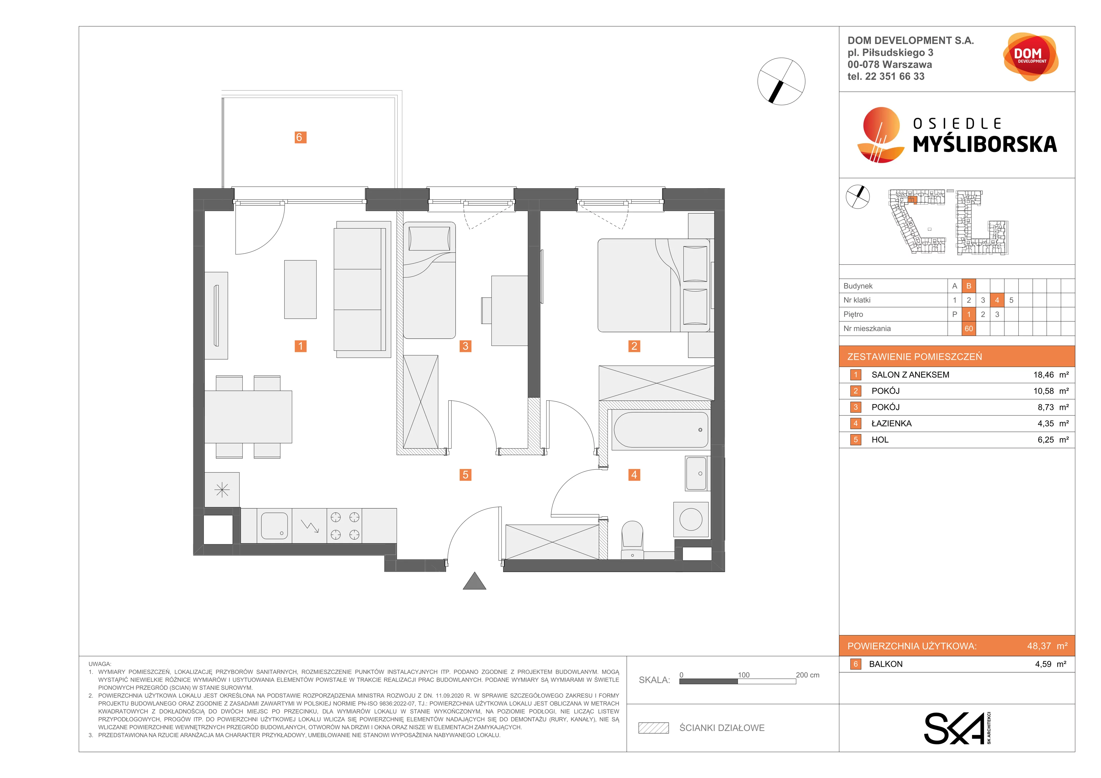 3 pokoje, mieszkanie 48,37 m², piętro 1, oferta nr B/60, Osiedle Myśliborska, Warszawa, Białołęka, Żerań, ul. Myśliborska / Ochorowicza