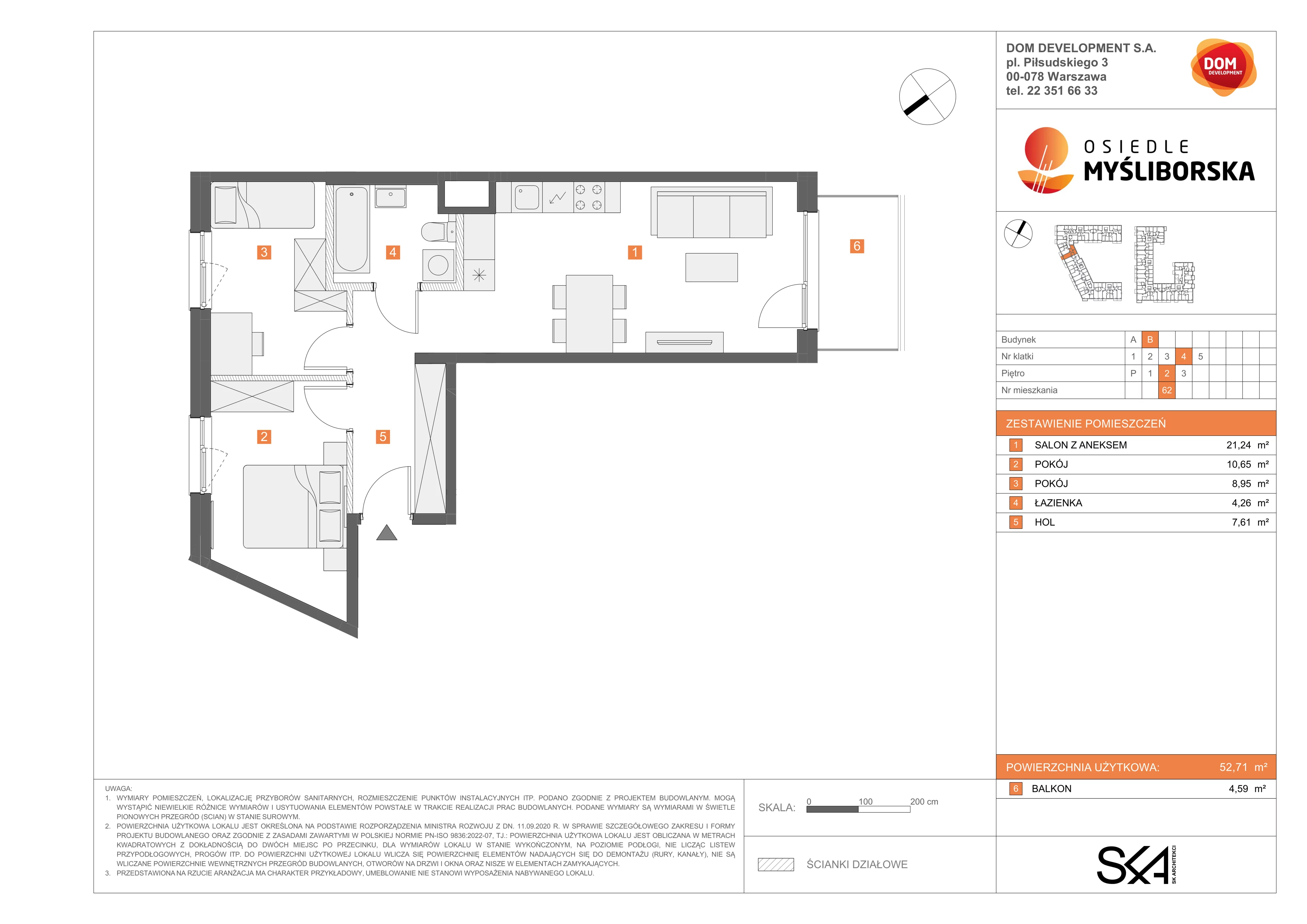 3 pokoje, mieszkanie 52,71 m², piętro 2, oferta nr B/62, Osiedle Myśliborska, Warszawa, Białołęka, Żerań, ul. Myśliborska / Ochorowicza