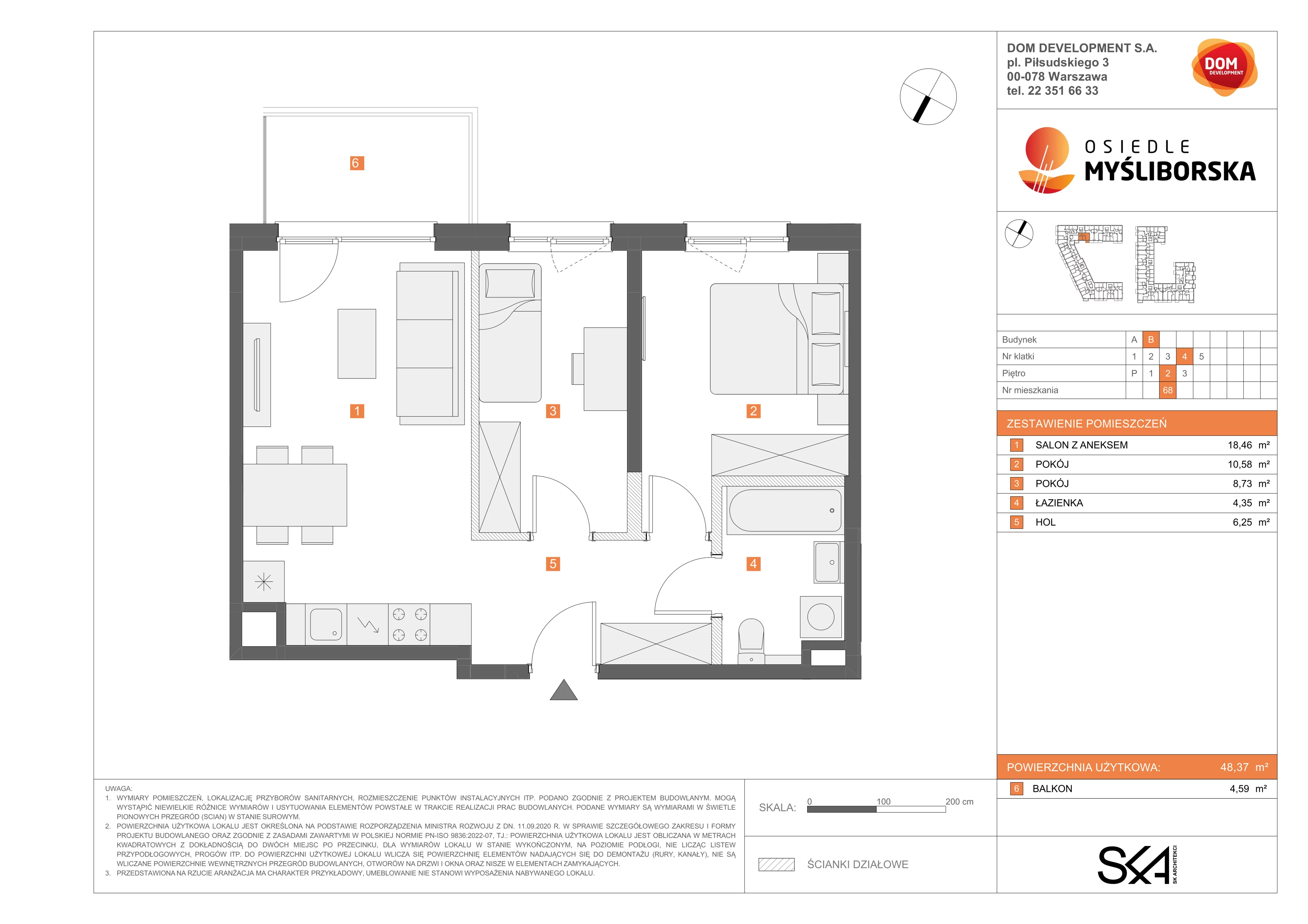 3 pokoje, mieszkanie 48,37 m², piętro 2, oferta nr B/68, Osiedle Myśliborska, Warszawa, Białołęka, Żerań, ul. Myśliborska / Ochorowicza